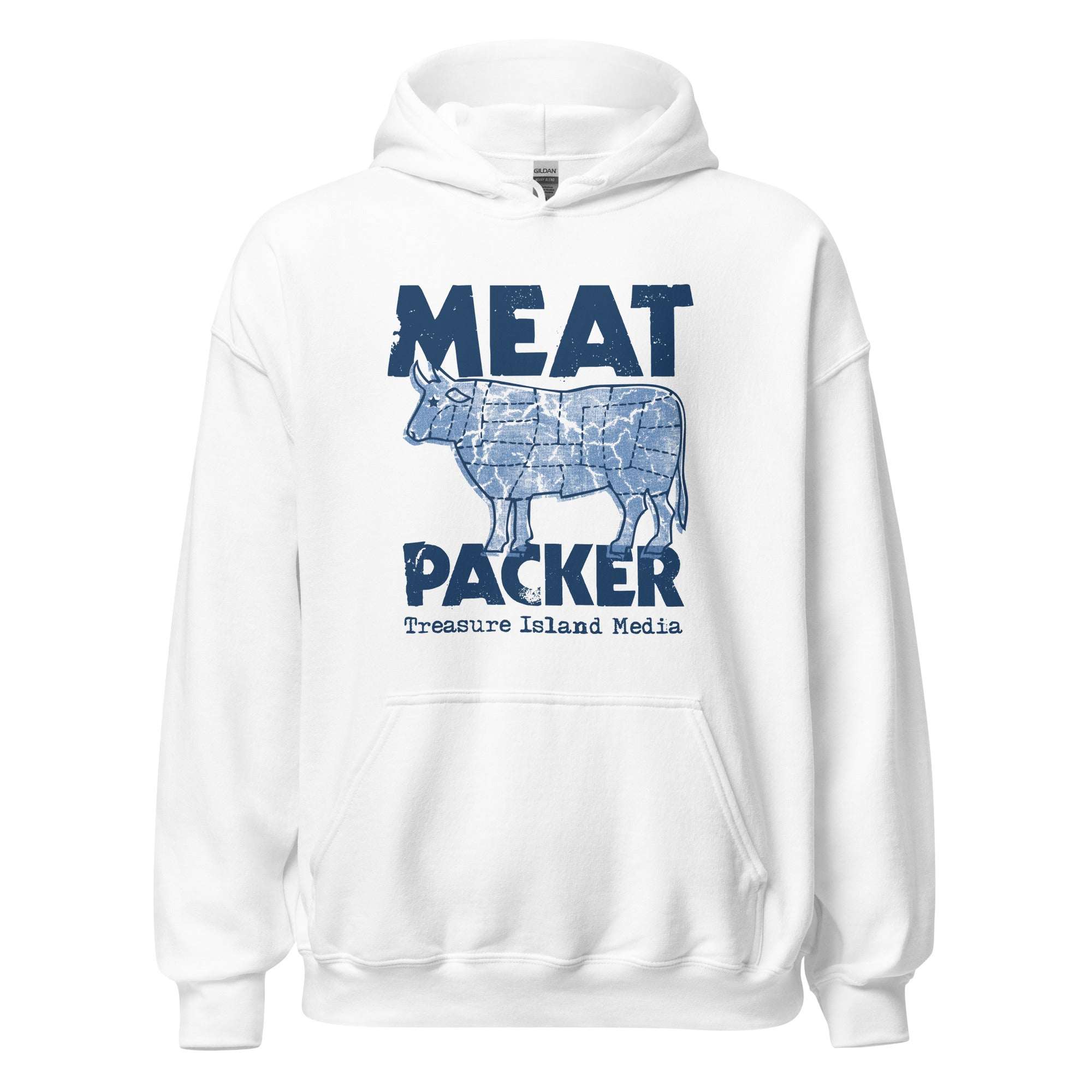 White Meat Packer Hoodie with blue graphic and text design on front.