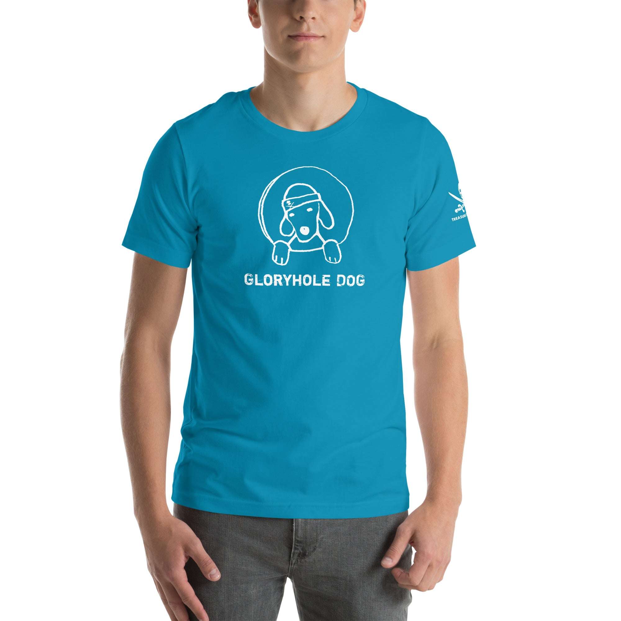 Blue Gloryhole Dog T-shirt with playful dog graphic design.