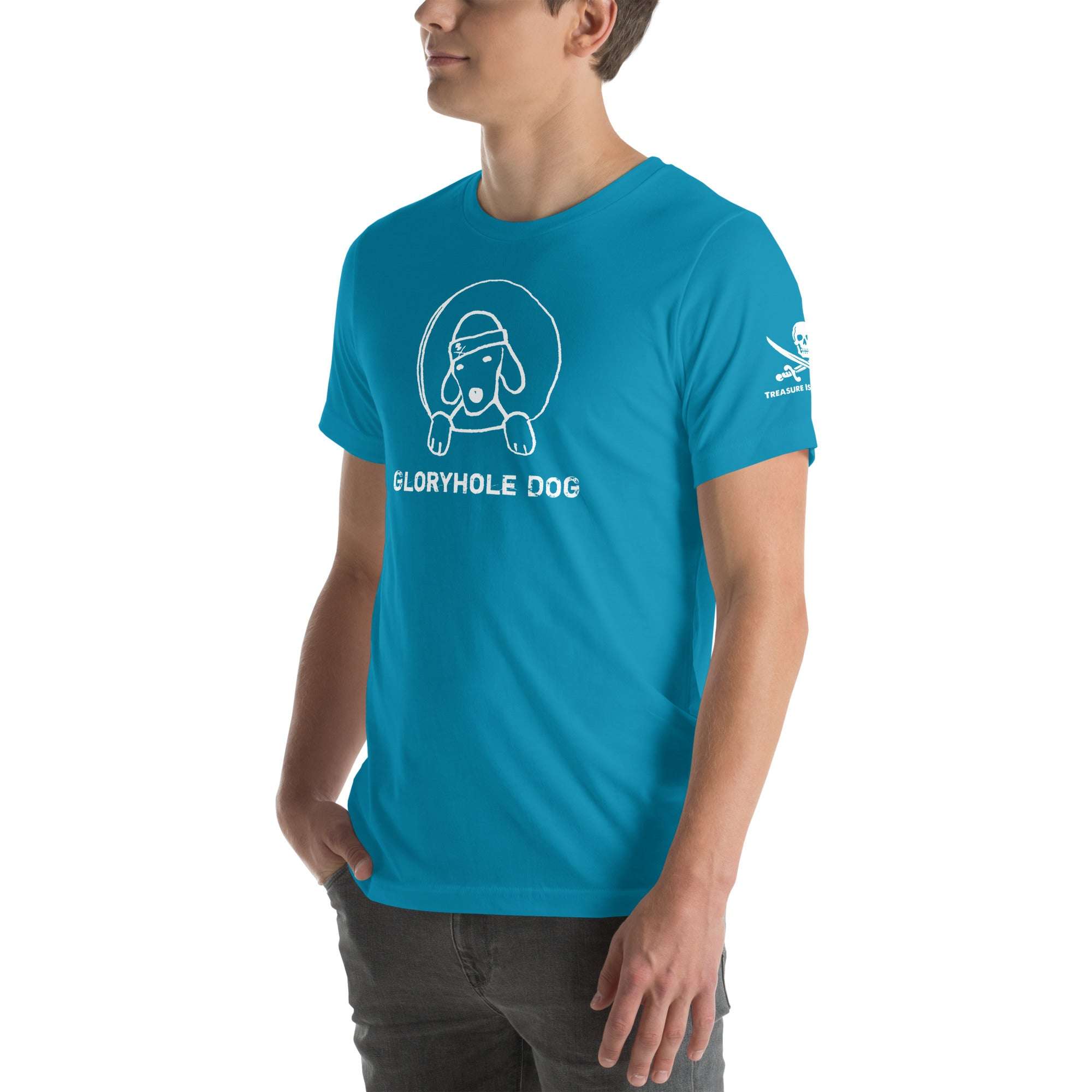 Blue Gloryhole Dog T-shirt with playful dog graphic design.