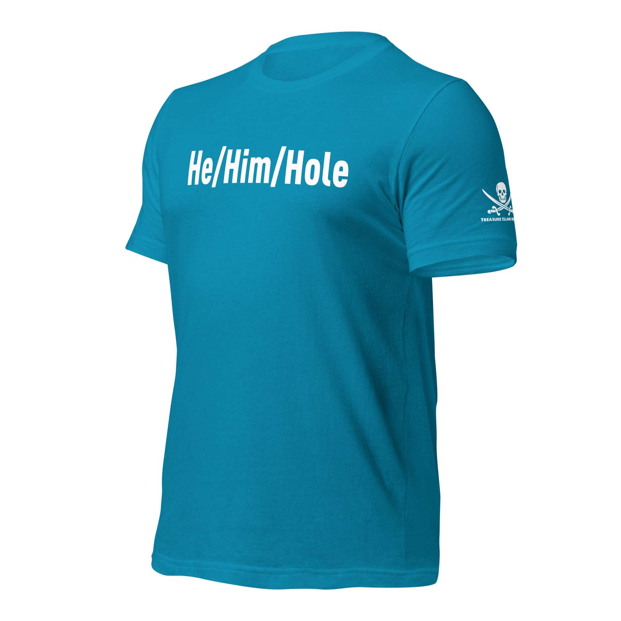 Blue He/Him/Hole T-shirt with white text and skull logo on sleeve, made of soft breathable cotton