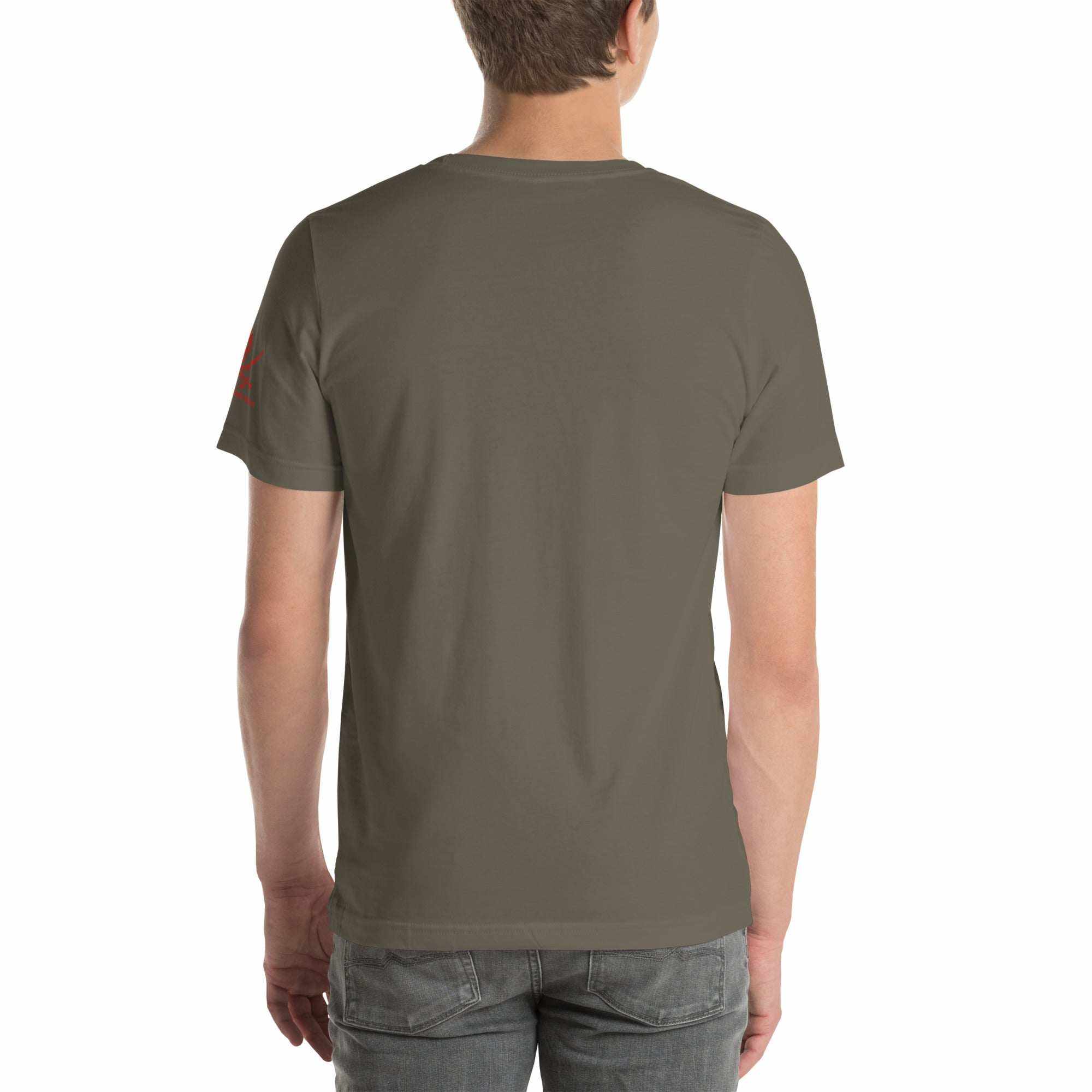 Back view of a person wearing a plain olive green Built to F*ck T-shirt paired with jeans