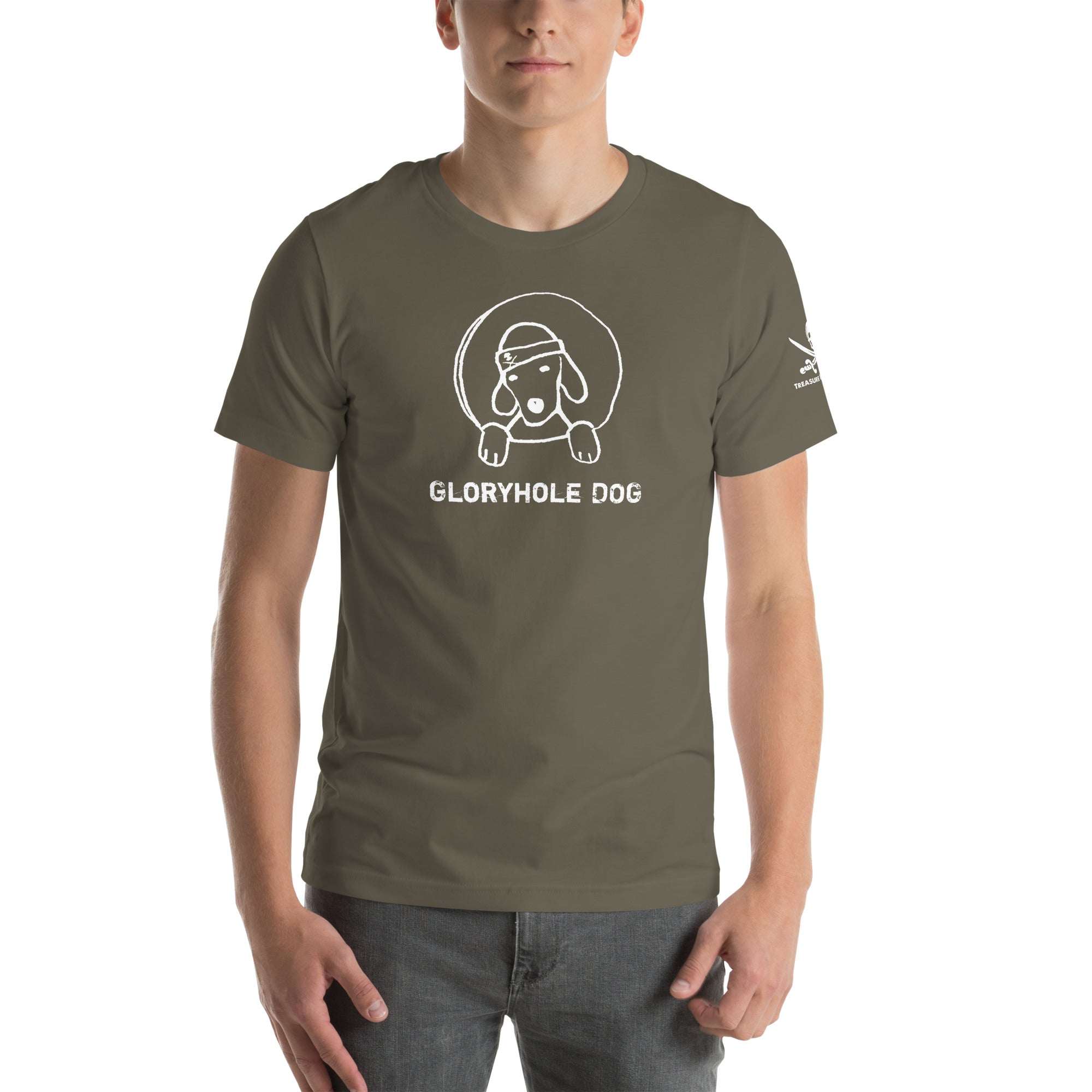 Gloryhole Dog T-shirt with playful dog graphic on cotton fabric.