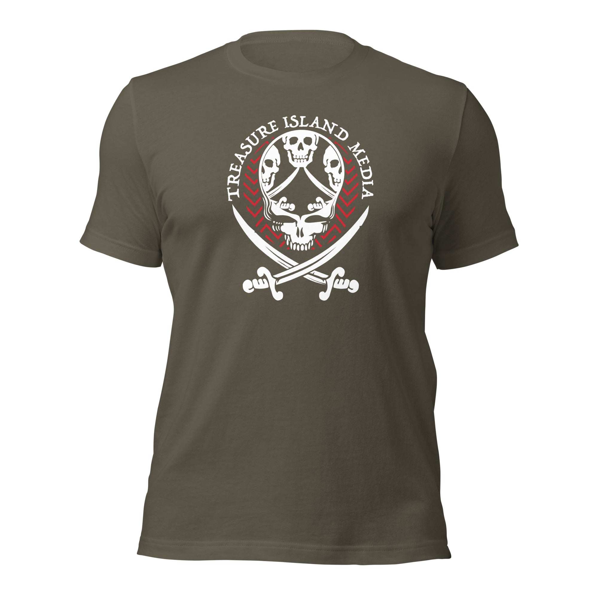 TIM Tri-Skull T-Shirt with unique skull design, olive color, made from soft, breathable cotton.