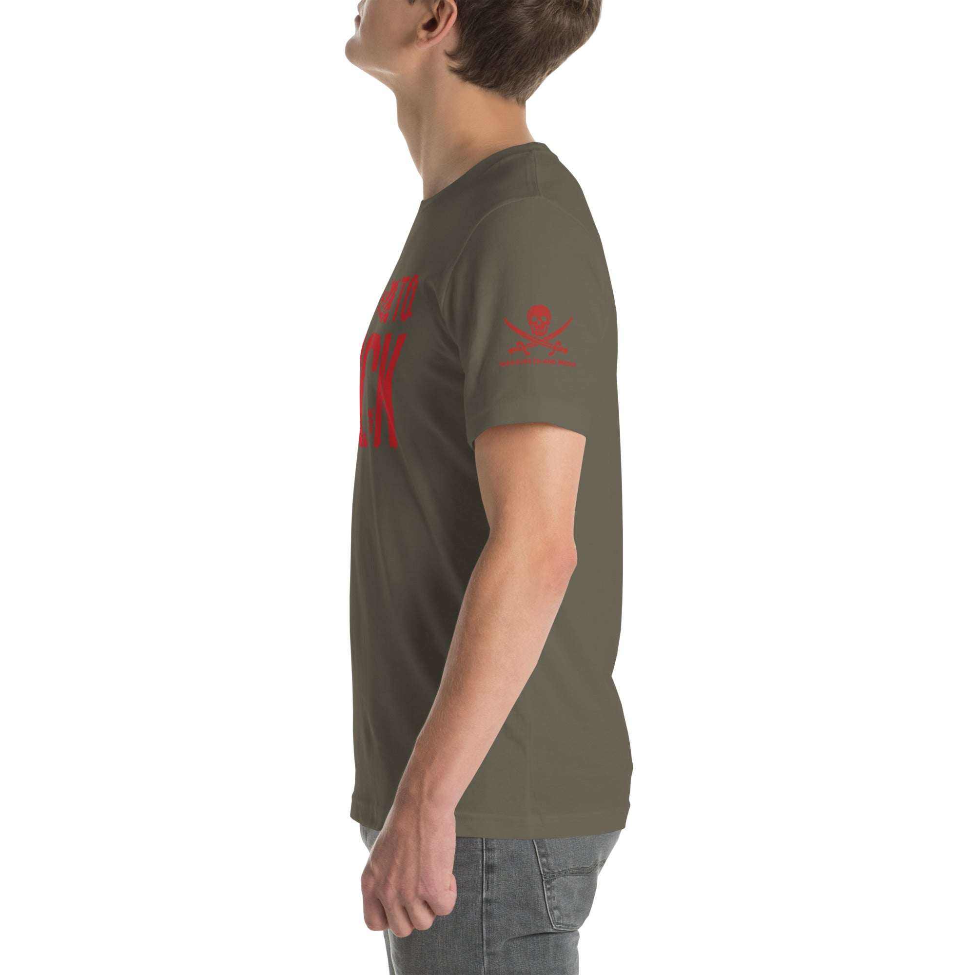 Side view of a person wearing a brown Built to Fck T-shirt with red bold text and a small skull graphic on the sleeve
