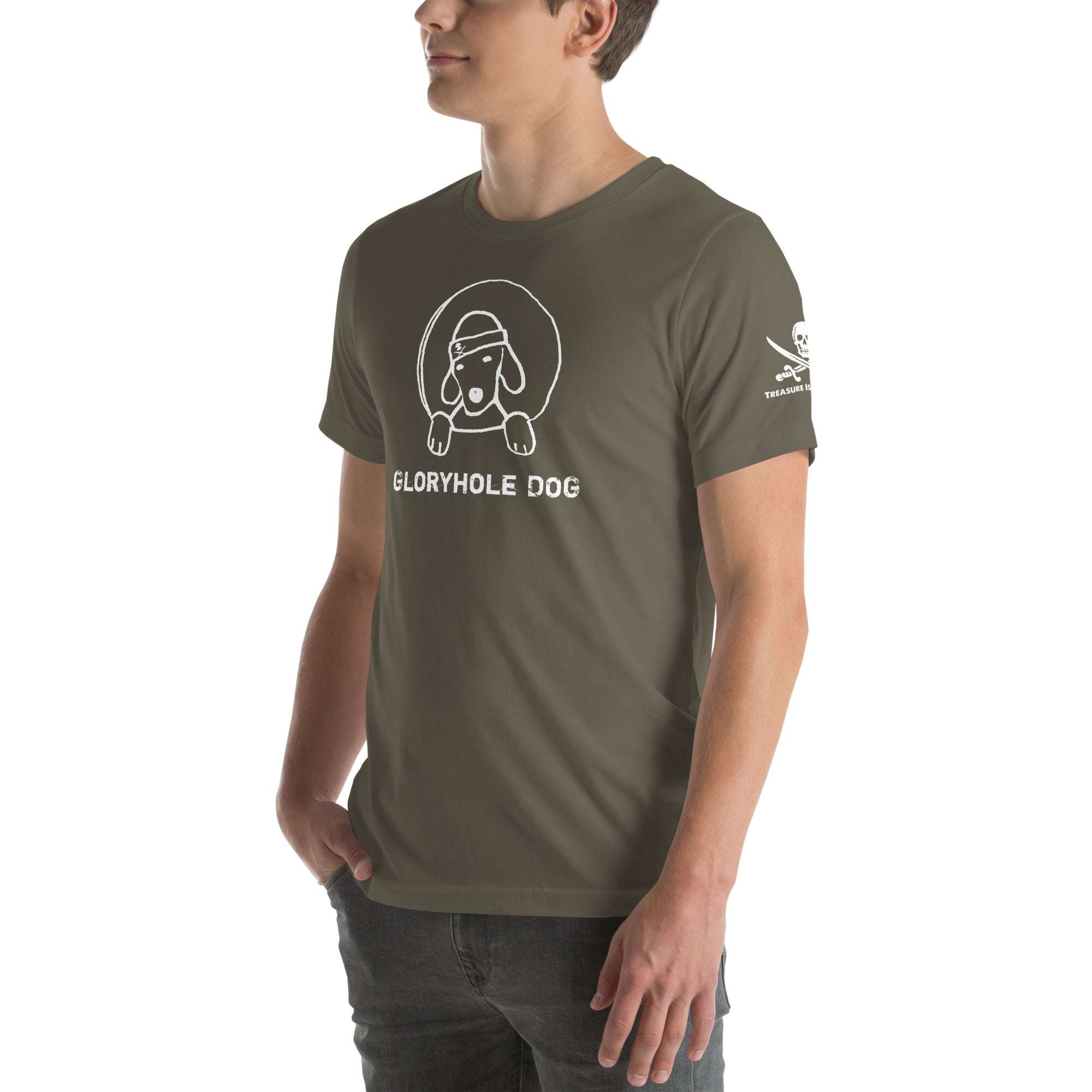 Gloryhole Dog T-shirt with playful dog graphic, crew neck, and relaxed fit.