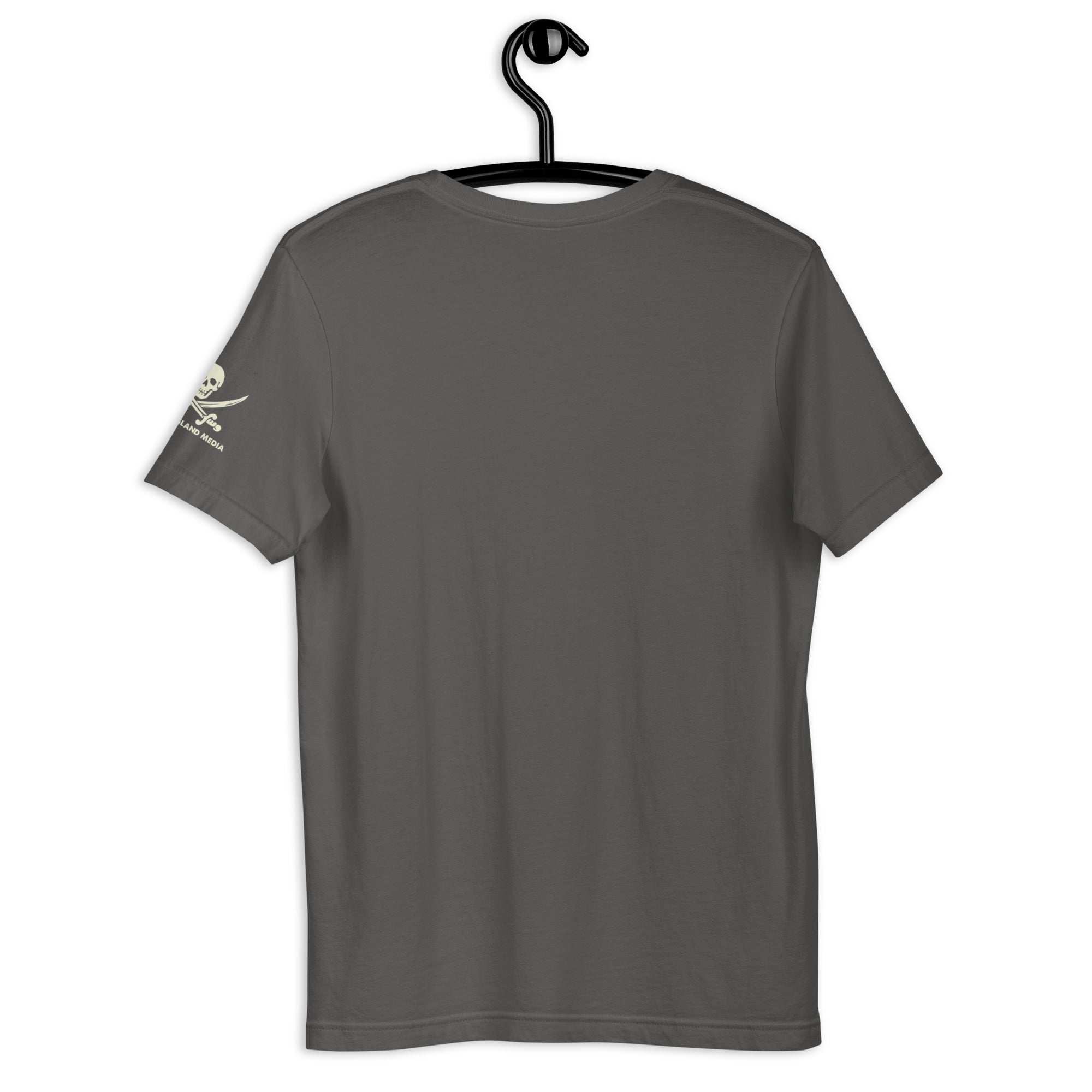Gray B-ONE-R T-Shirt with crew neck and short sleeves hanging on black hanger showing back and sleeve logo detail