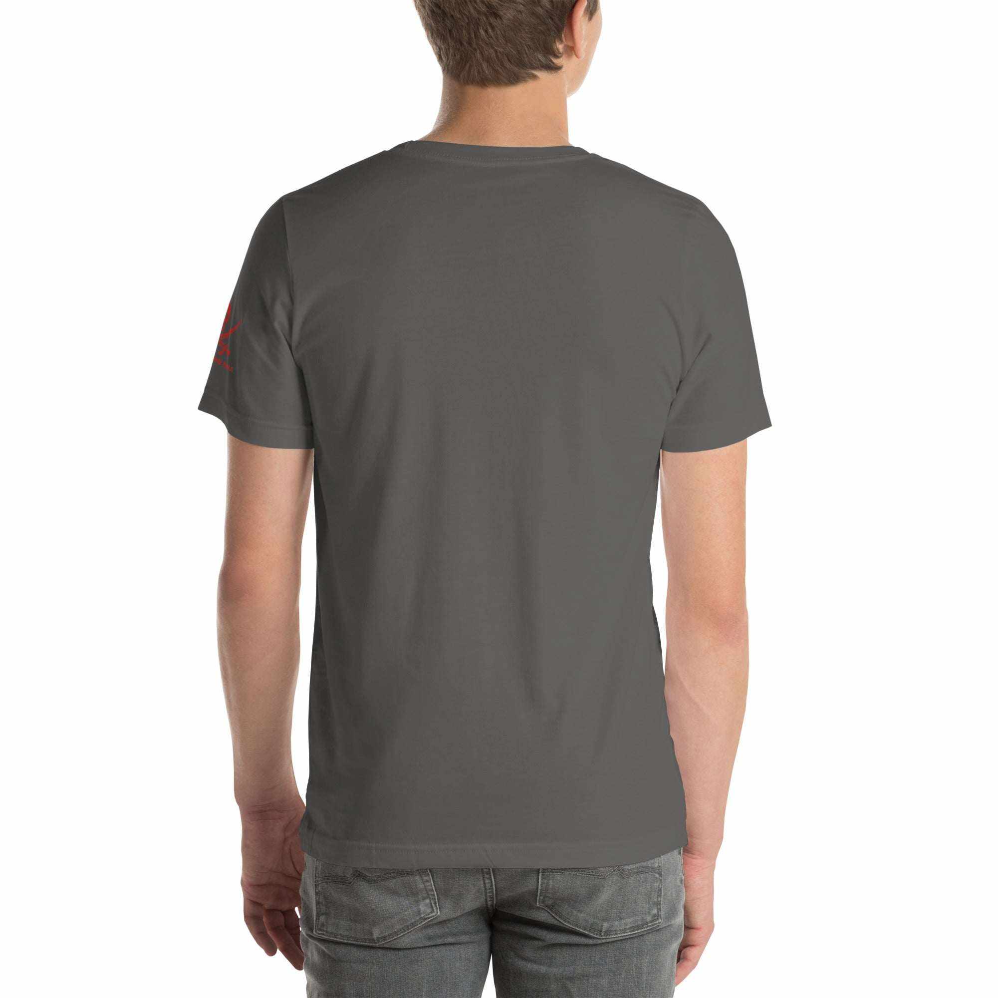 Back view of man wearing a plain dark gray Built to Fck T-shirt with short sleeves and casual fit