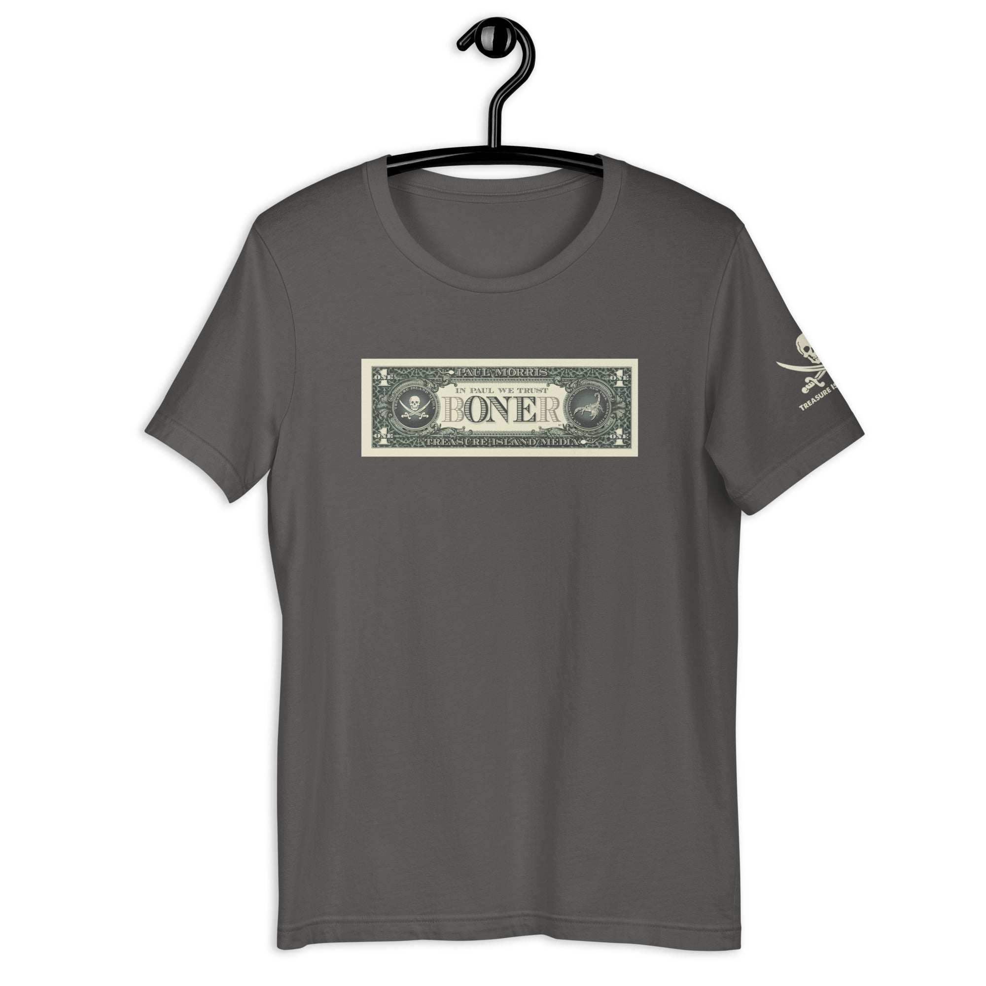 Gray B-ONE-R T-Shirt with dollar bill graphic and skull logo on sleeve hanging on black hanger