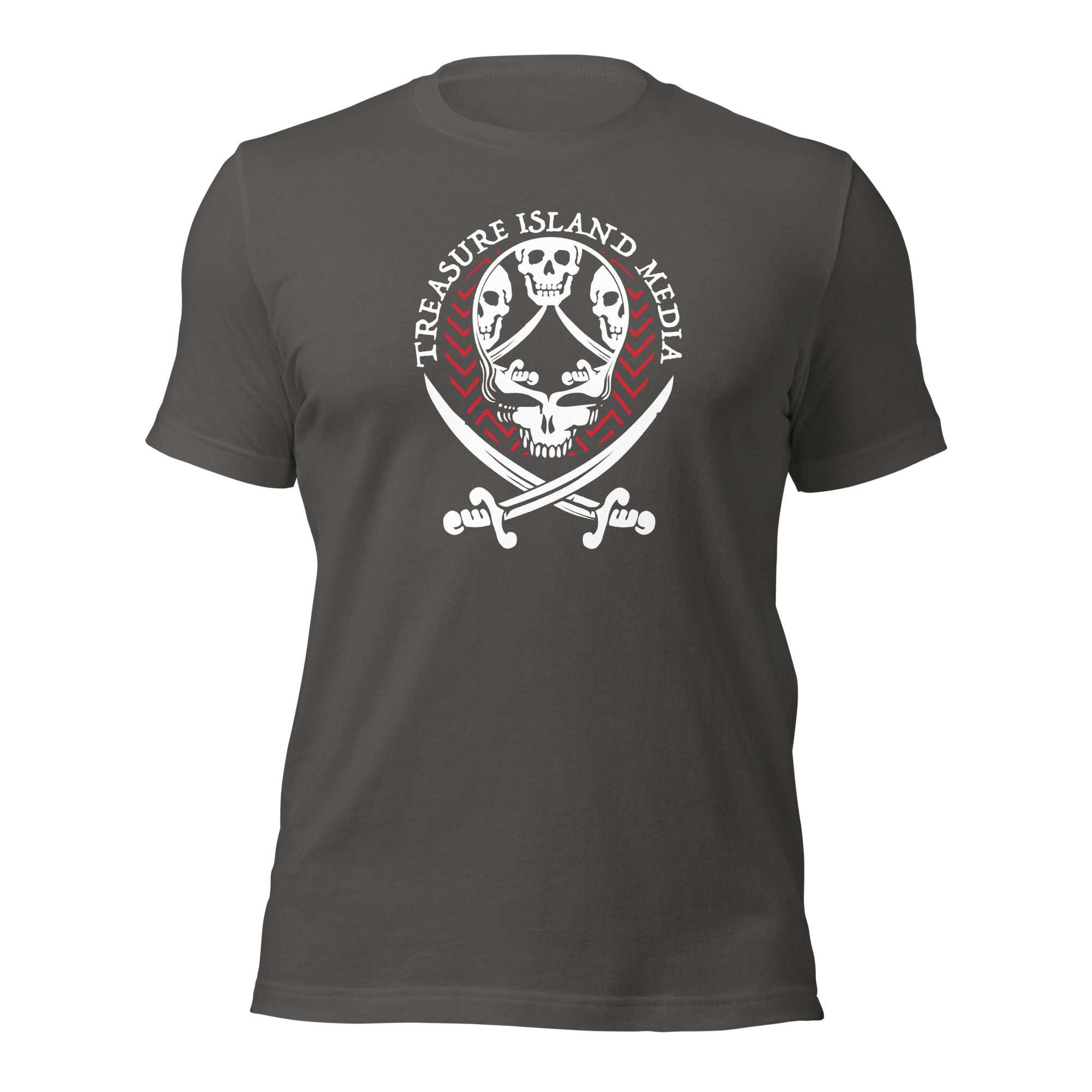 Men's grey TIM Tri-Skull T-Shirt, featuring a unique skull design with crossbones, made from soft cotton for comfort and durability.