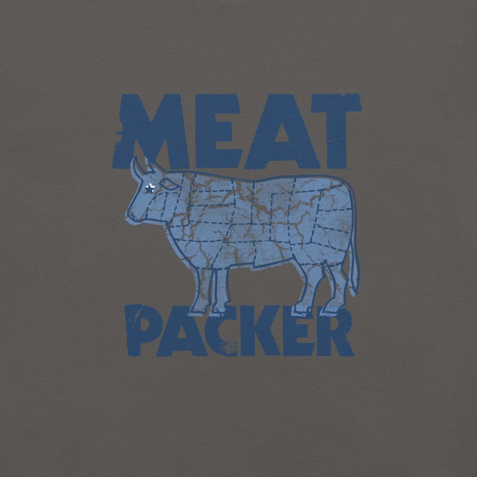 Meat Packer T-Shirt with cow graphic on dark fabric, eco-friendly cotton blend.