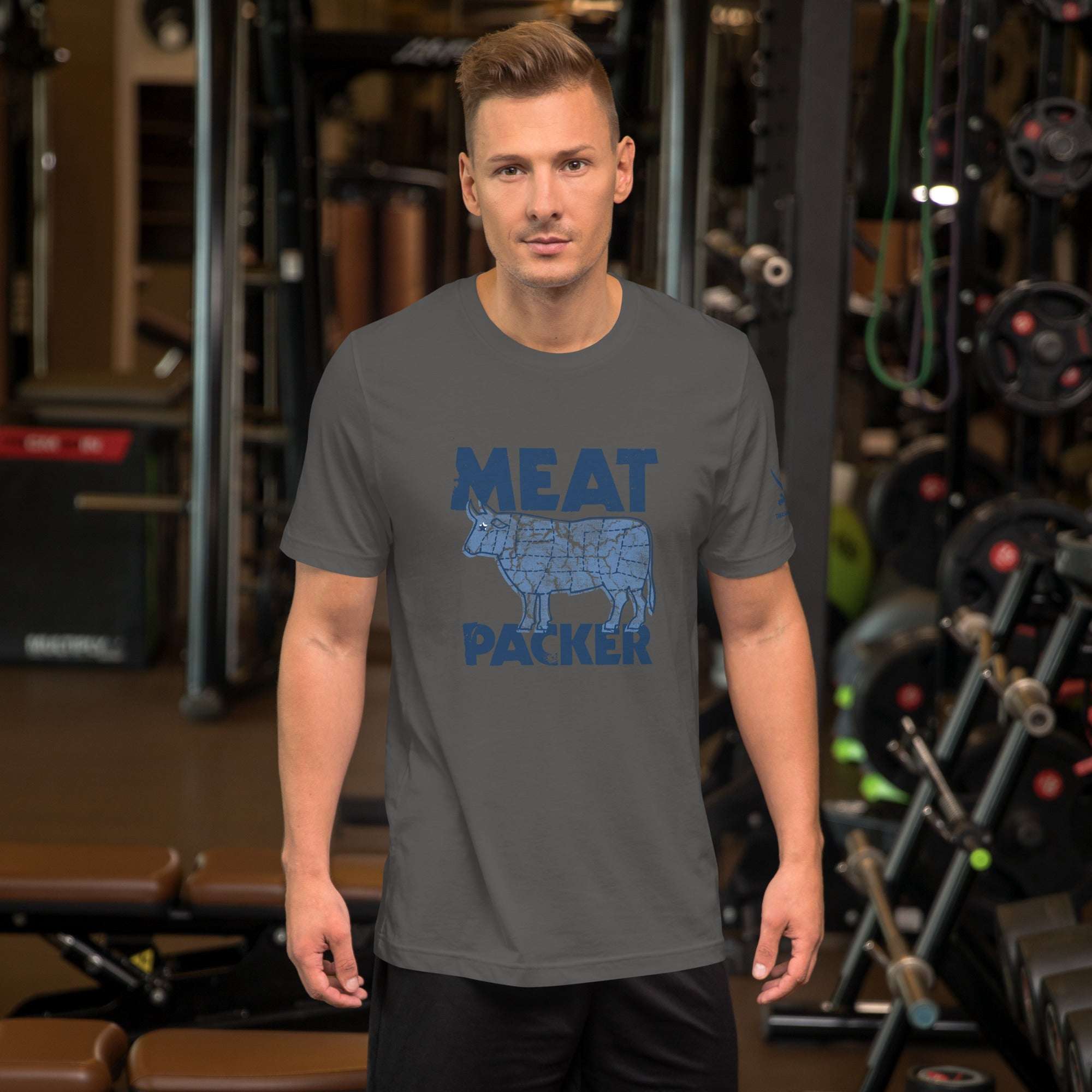Meat Packer T-Shirt in gym setting, showcasing soft, breathable cotton fabric and eco-friendly design.