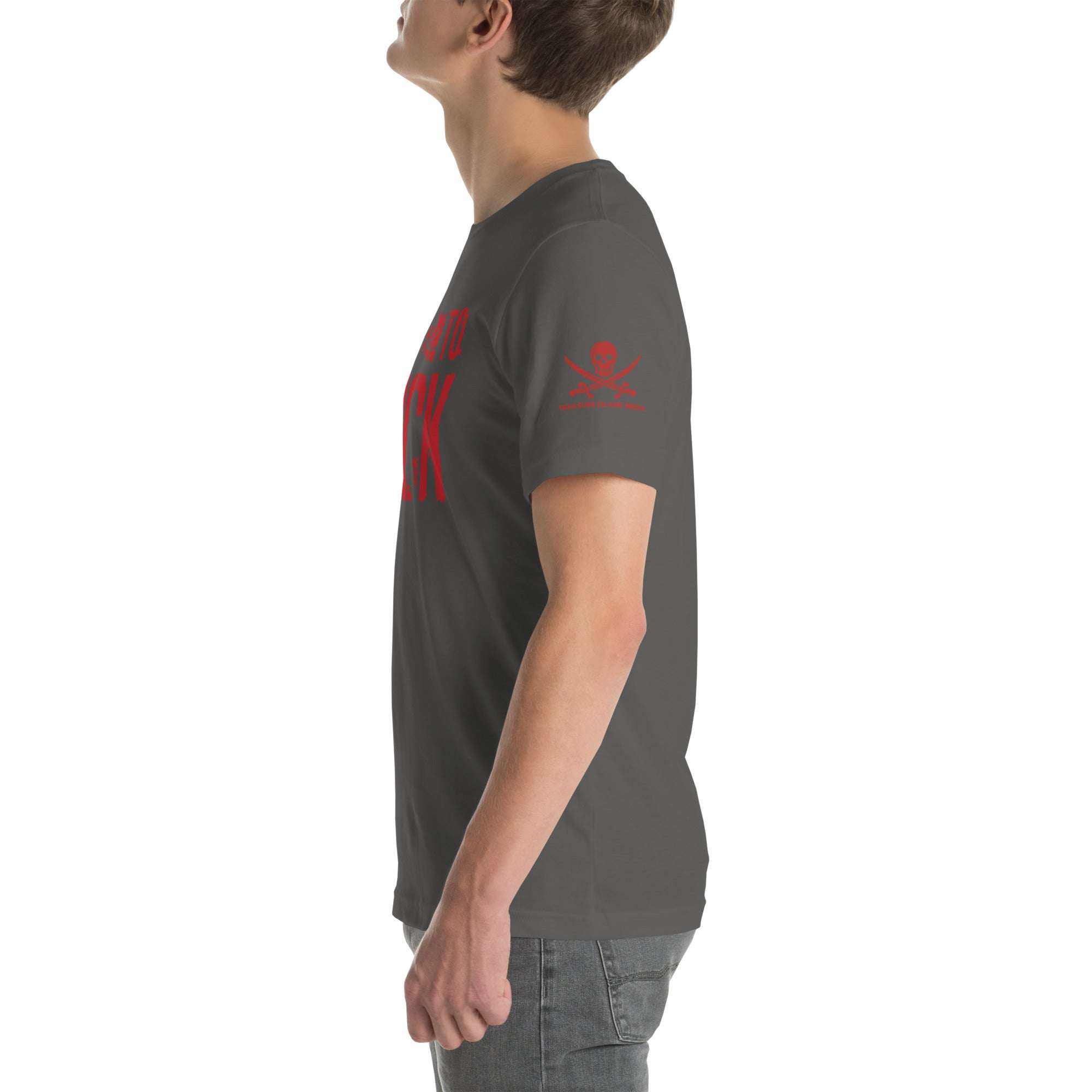 Side view of a man wearing a black Built to F*ck T-shirt with red text and a skull graphic on the sleeve.