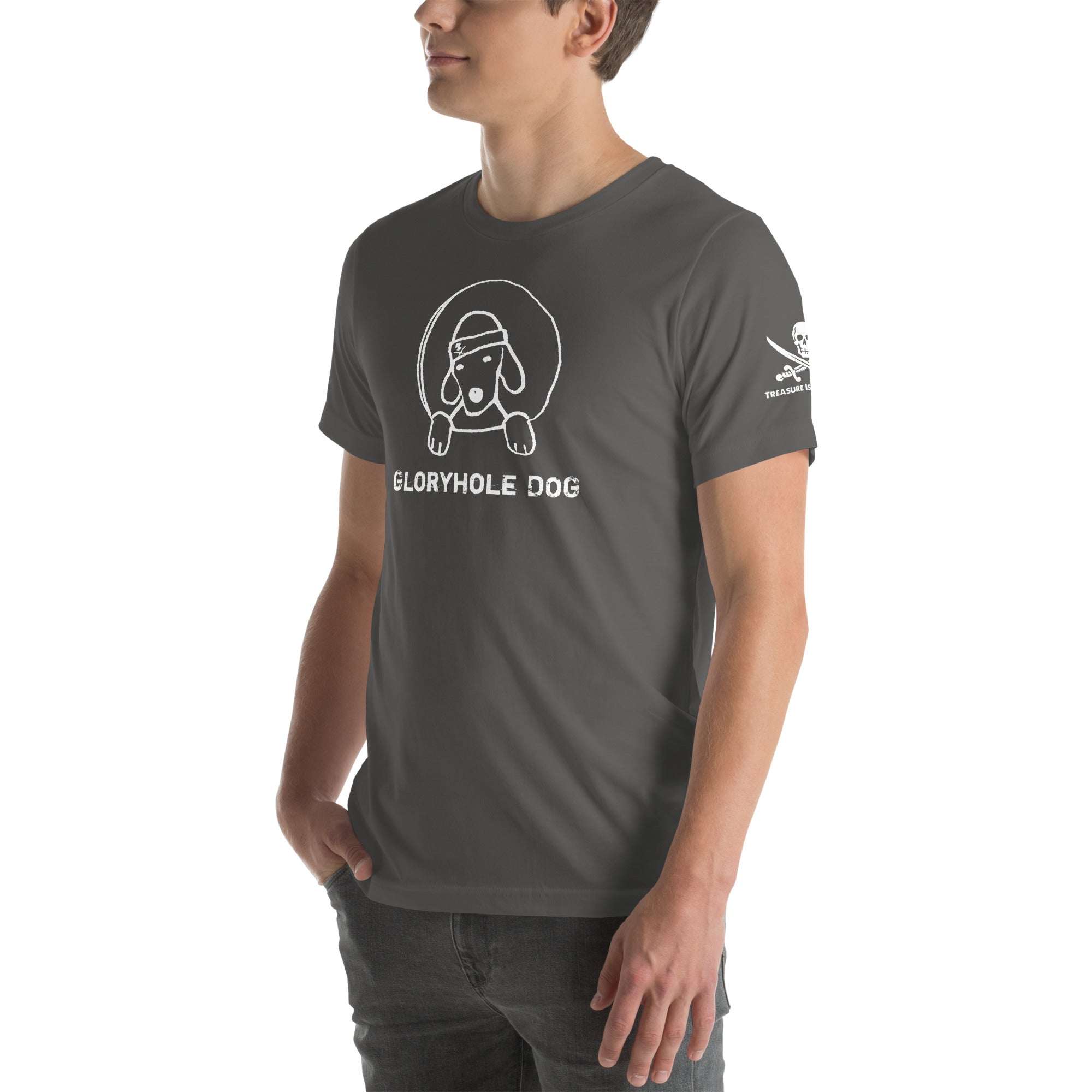 Gloryhole Dog T-shirt featuring a playful graphic of a dog; soft cotton material; classic crew neckline.