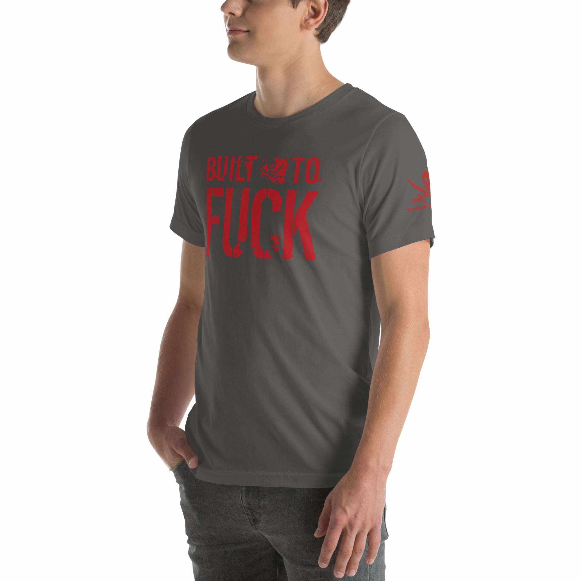 Man wearing a dark gray Built to Fck T-shirt with bold red text on front and sleeve design
