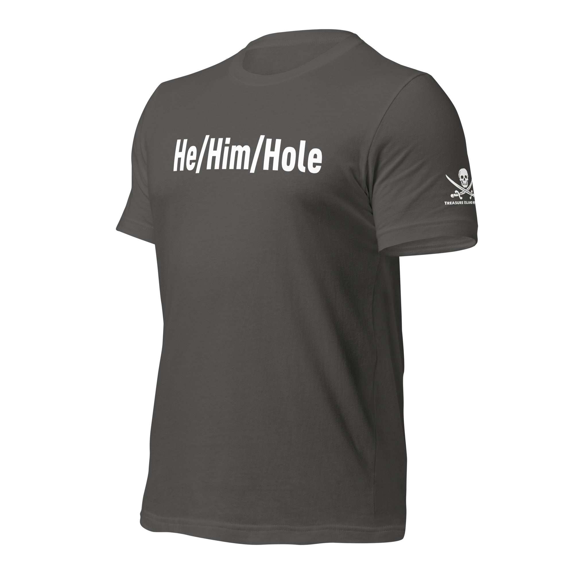 Black HeHimHole T-shirt with white text and skull logo on sleeve, made of soft cotton blend for comfort and durability