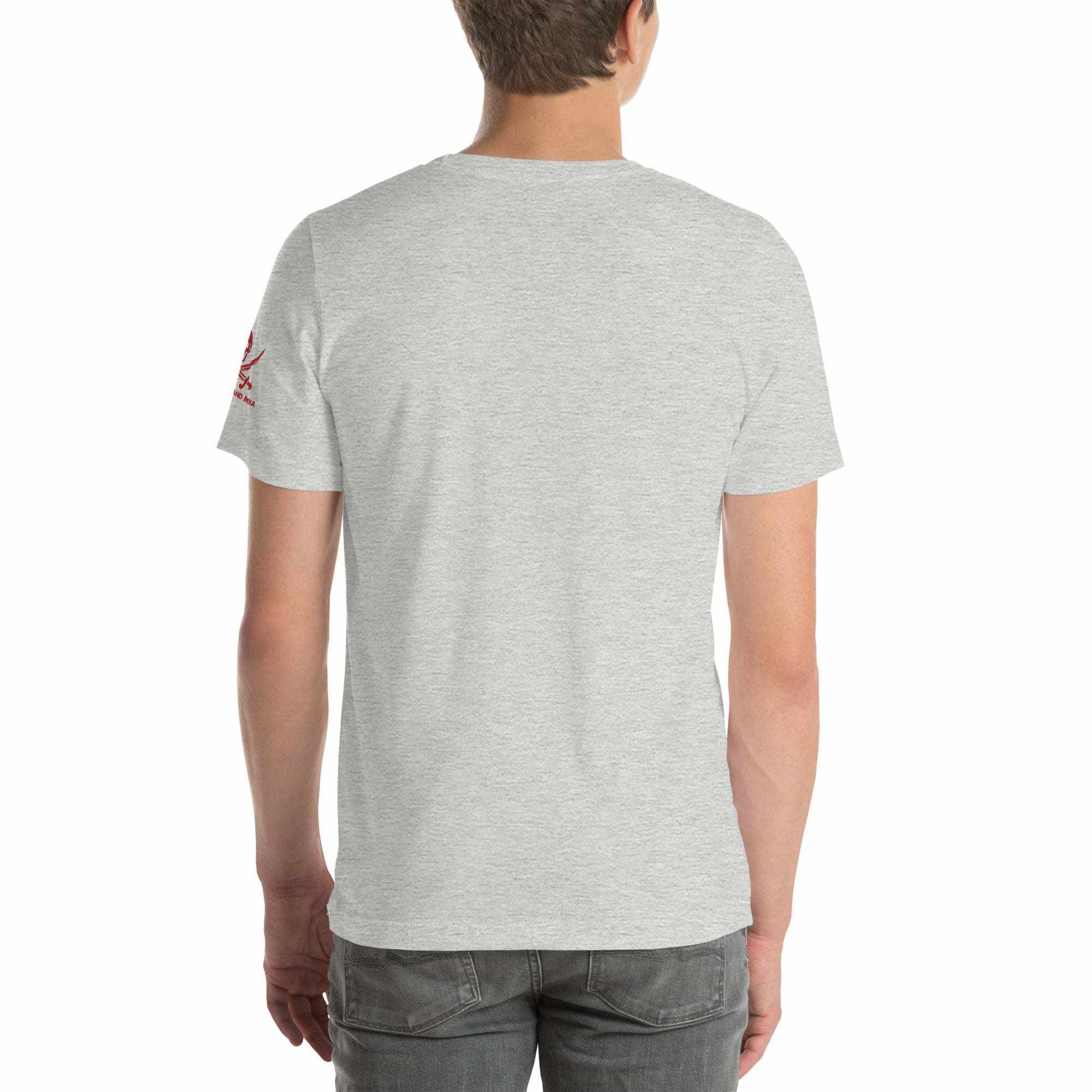 Back view of man wearing light gray Built to Fck T-shirt with short sleeves and casual fit