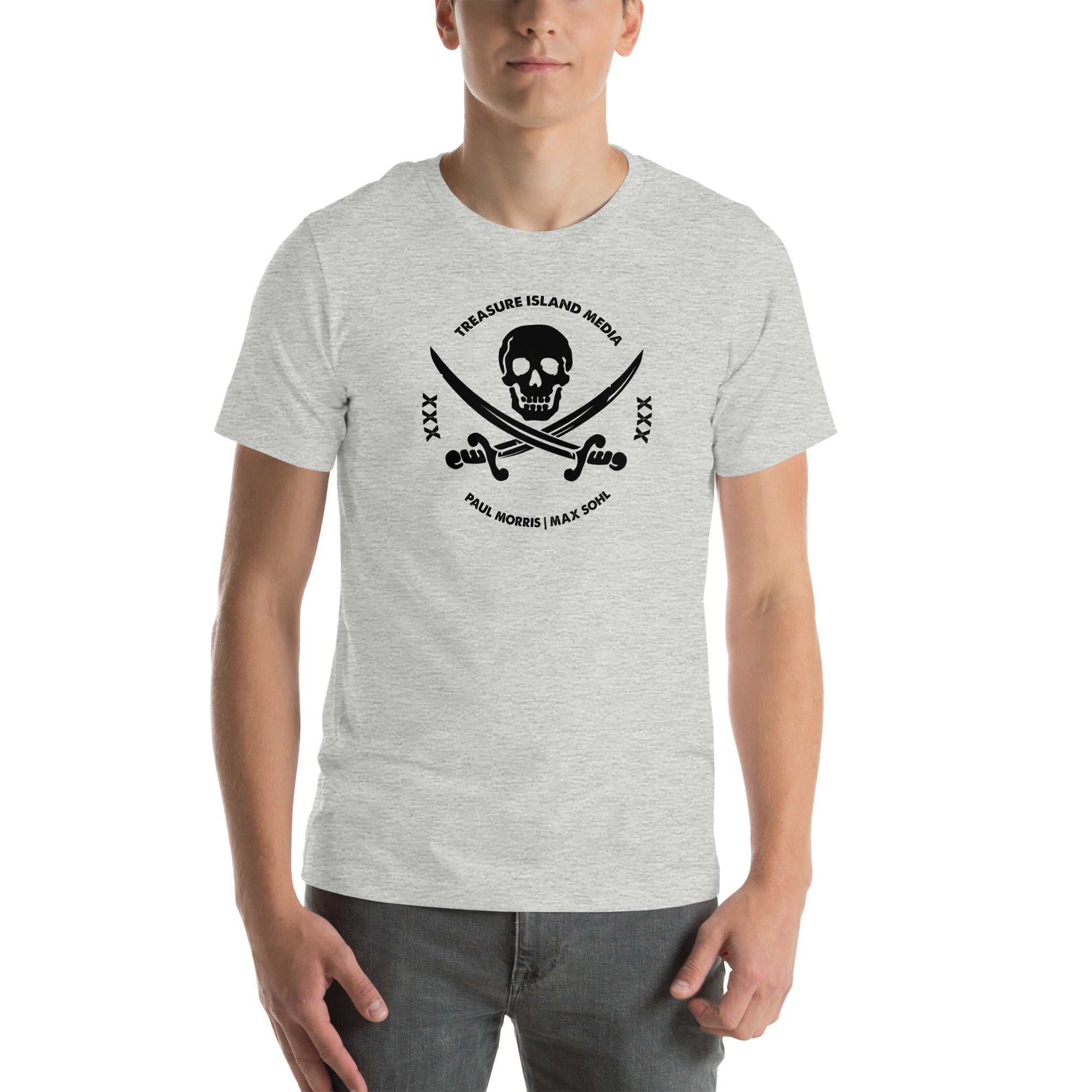 Man wearing TIMXXX Black Logo T-Shirt, cotton, soft, versatile, iconic brand logo, stylish casual wear.