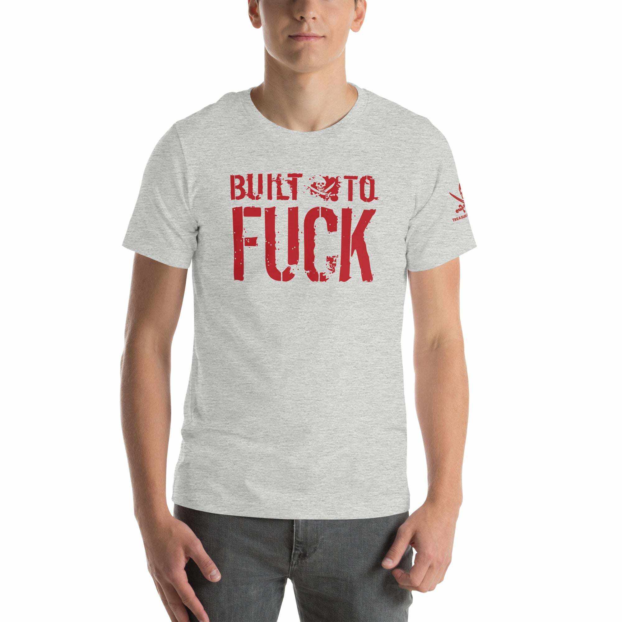 Man wearing grey Built to F*ck T-shirt with bold red print and casual jeans