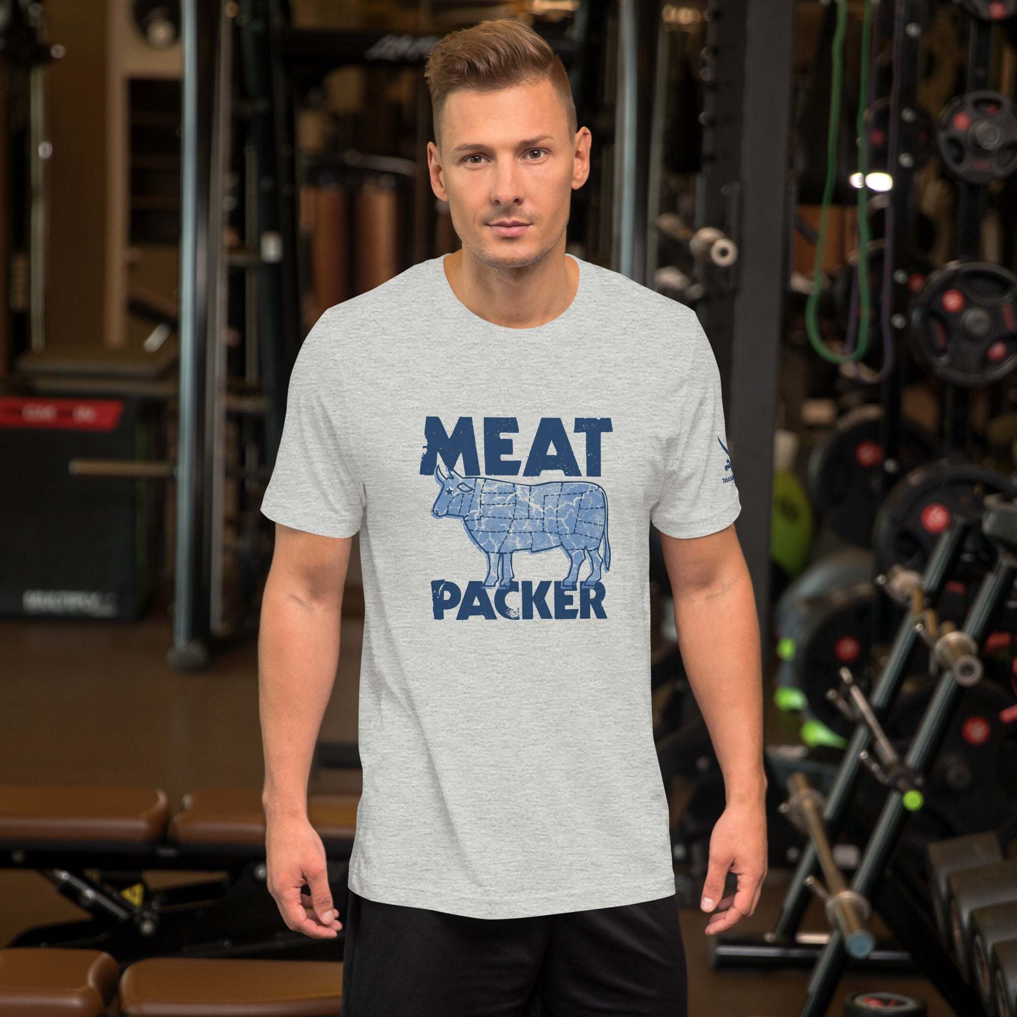 Meat Packer T-Shirt in gym setting, comfortable and eco-friendly.