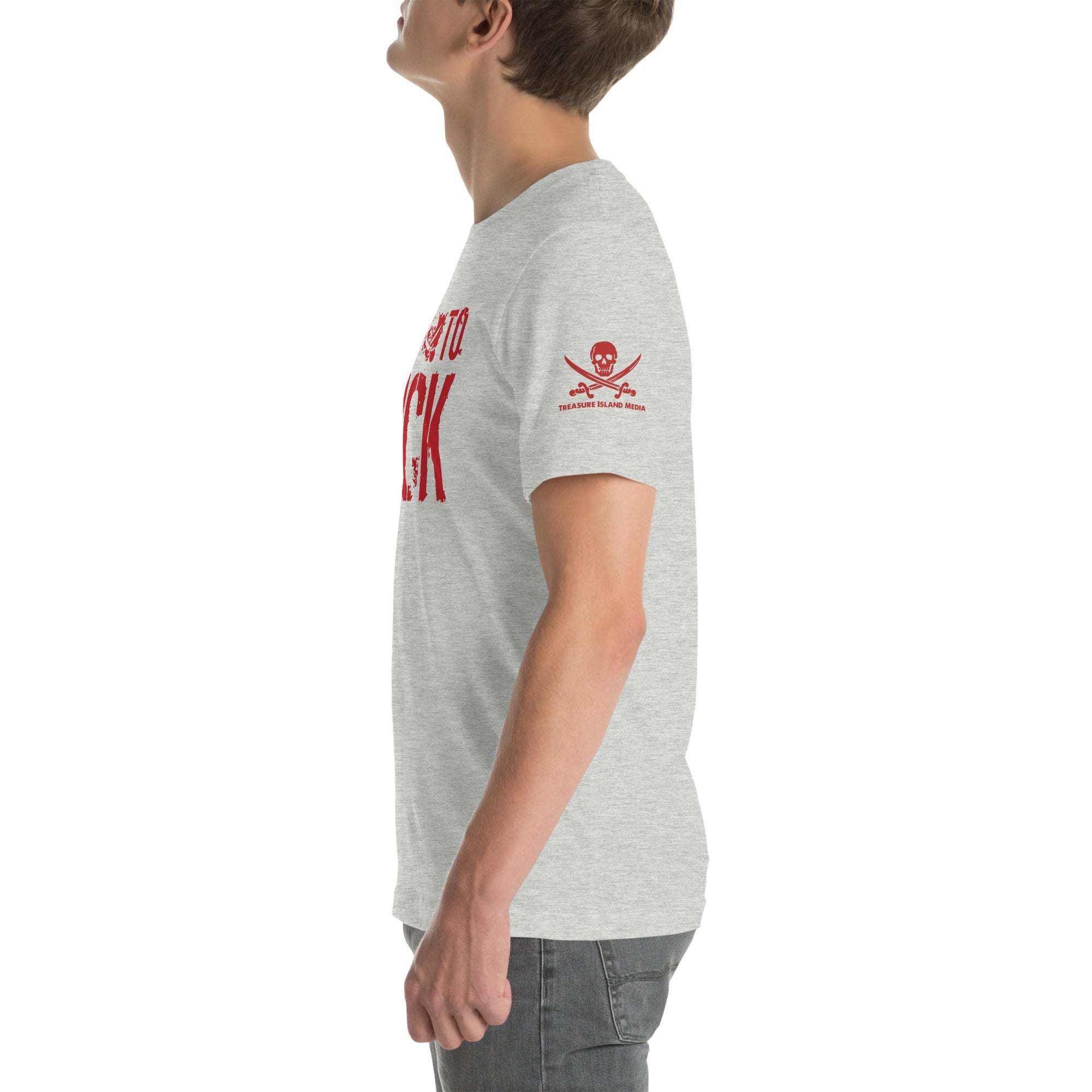 Side view of man wearing grey Built to Fck T-shirt with red text and skull logo on sleeve