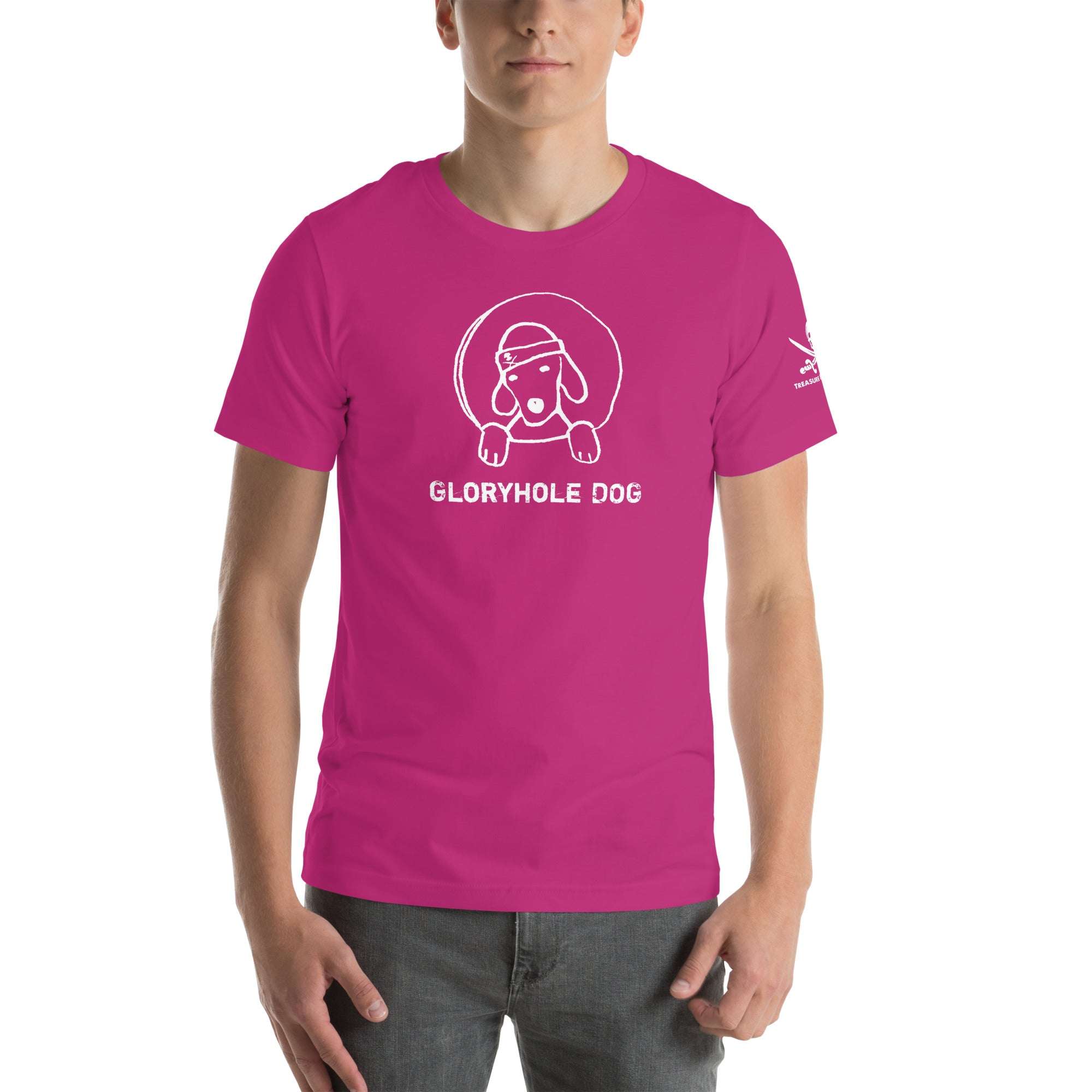 Pink Gloryhole Dog T-shirt with playful dog graphic and text.