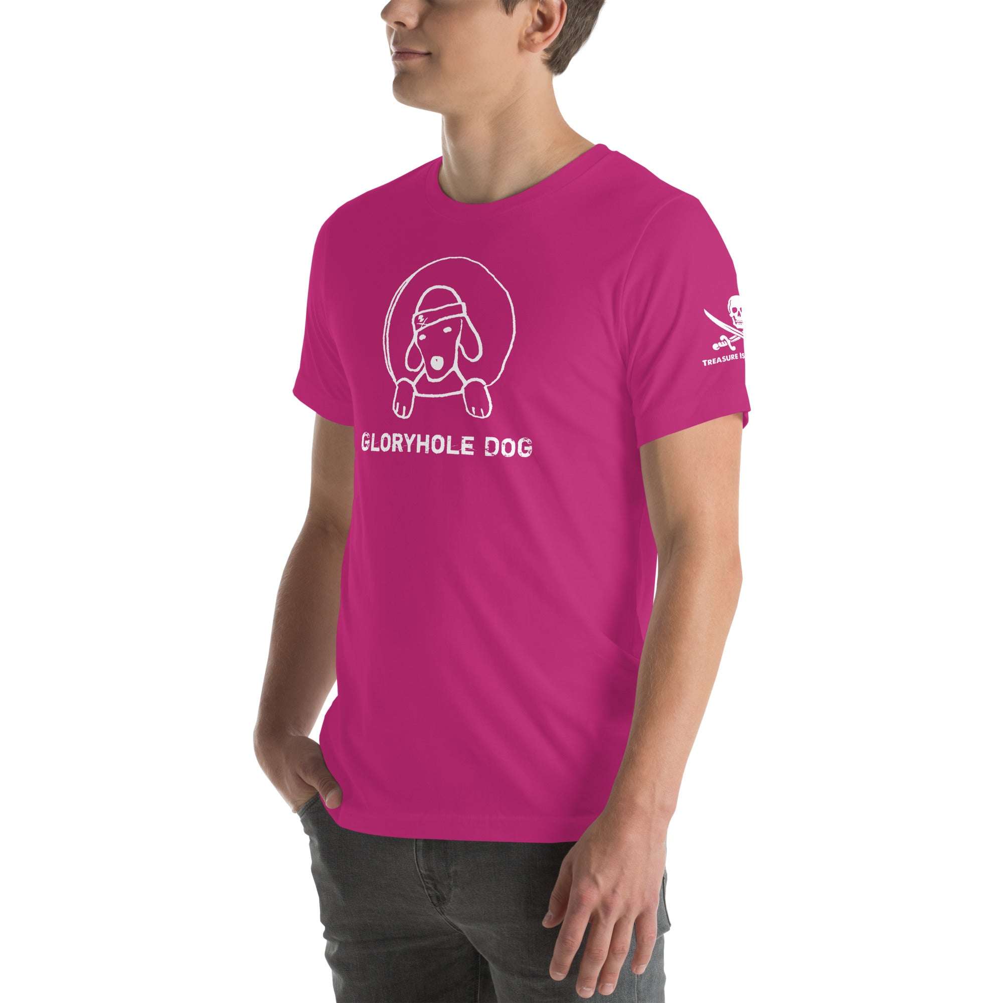Gloryhole Dog T-shirt with playful dog graphic on vibrant pink background.