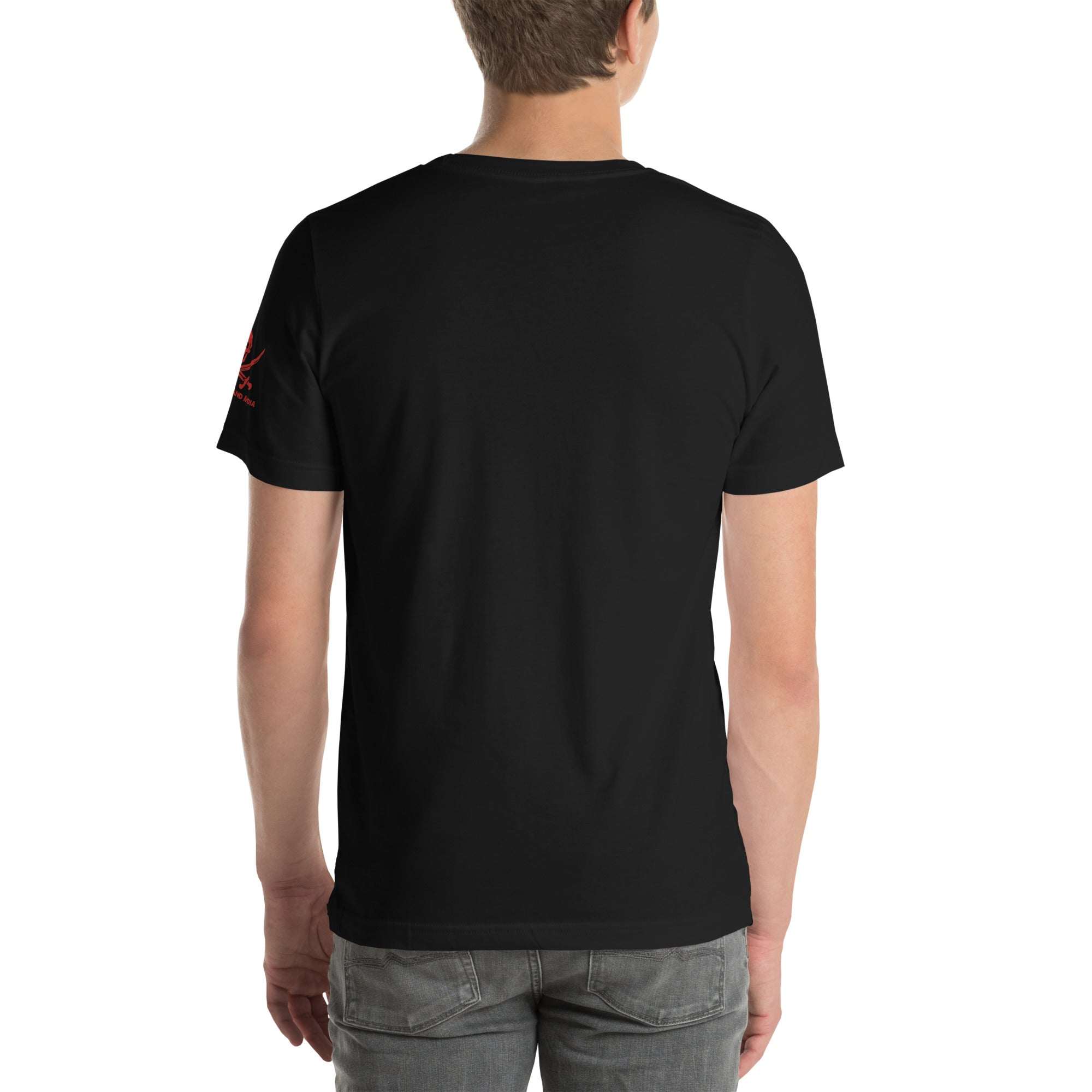 Back view of person wearing black Built to F*ck T-shirt and gray jeans
