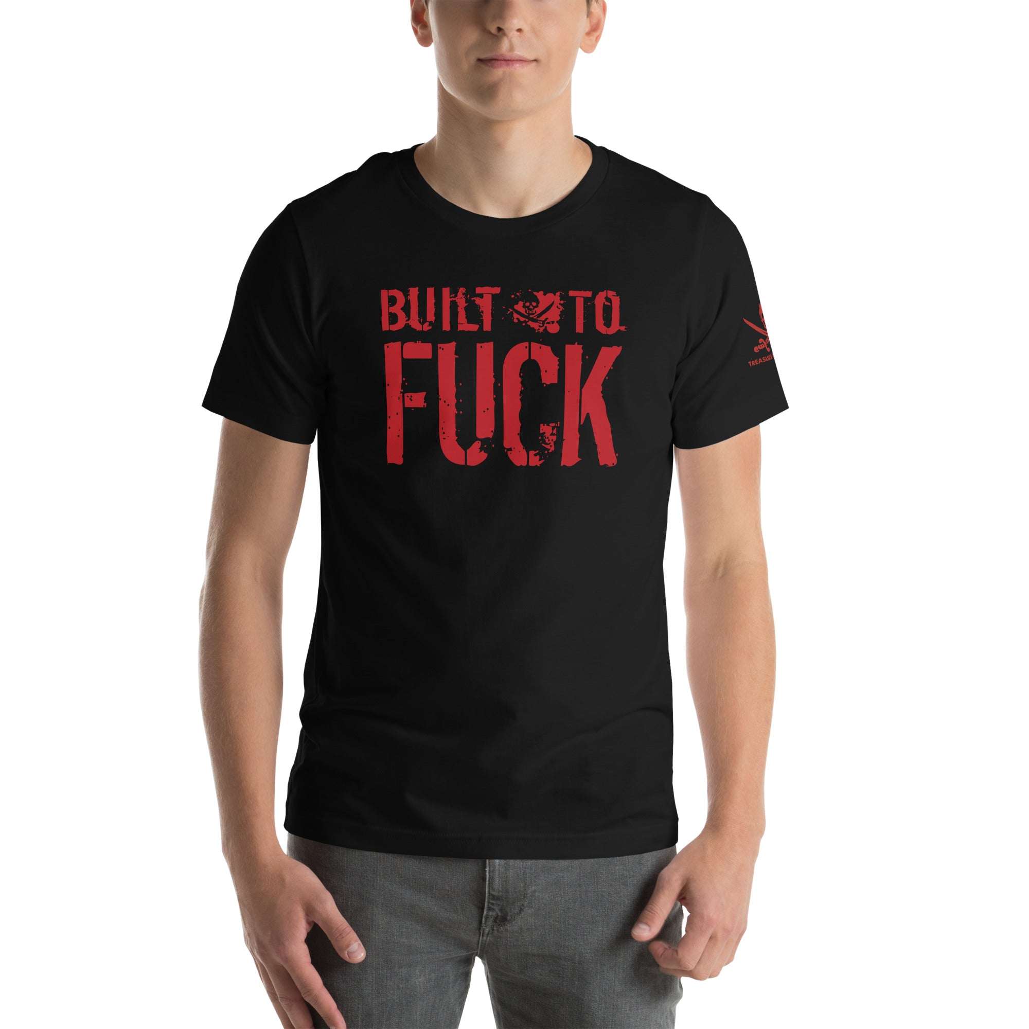 Black built to fuck t-shirt with bold red text worn by male model