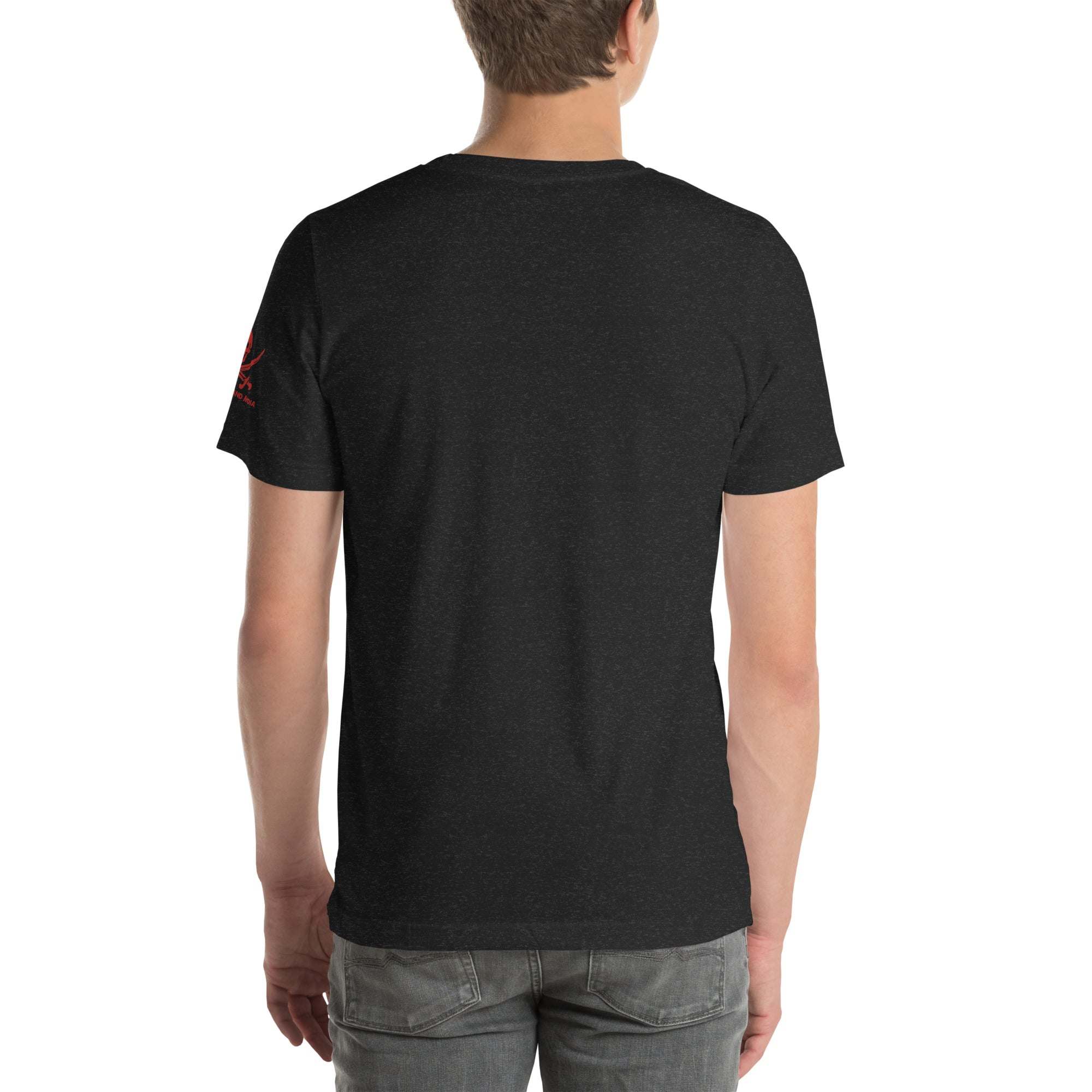 Back view of a person wearing a black Built to Fck T-shirt made of soft cotton with a bold design on the sleeve.