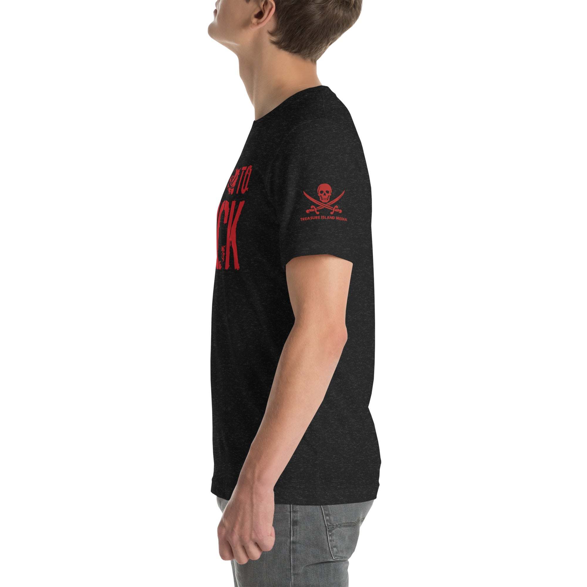 Side view of a person wearing a black Built to Fck T-shirt with red lettering and a skull graphic on the sleeve