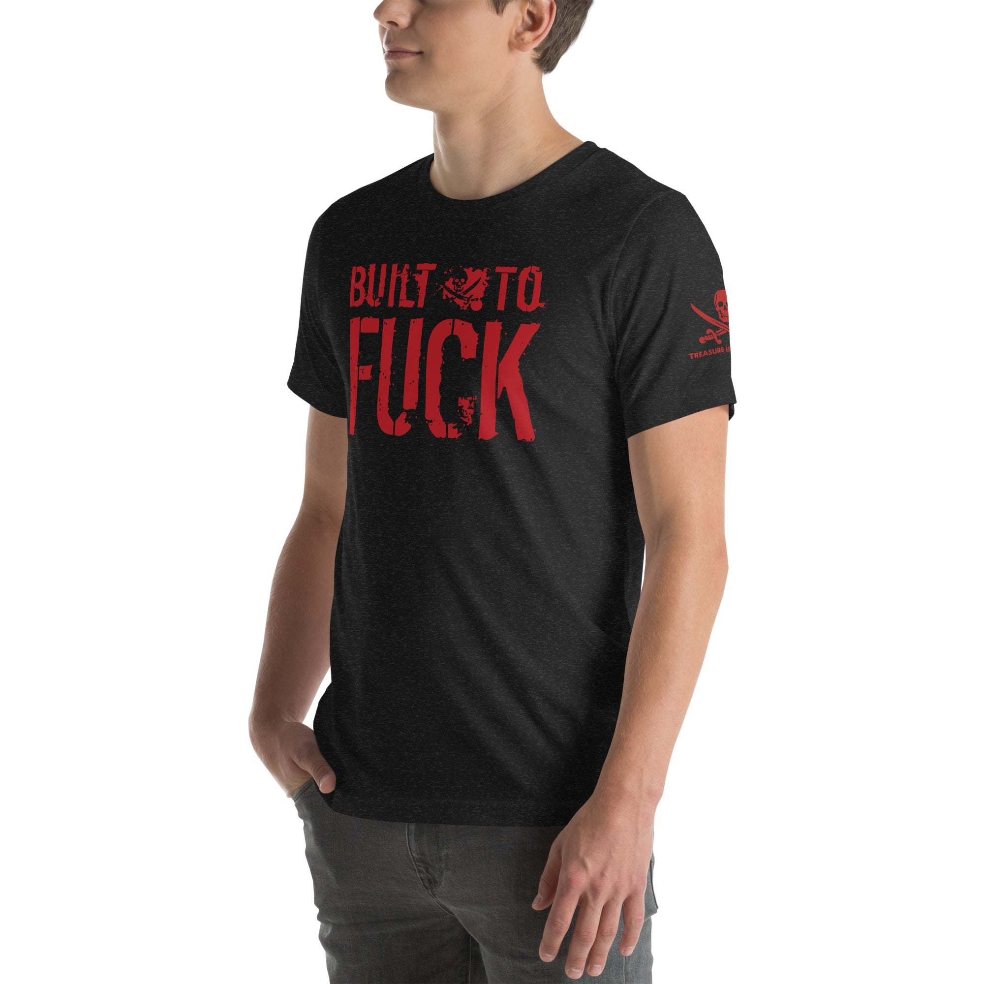 Man wearing black Built to F*ck T-shirt with bold red graphic text on front and skull design on sleeve