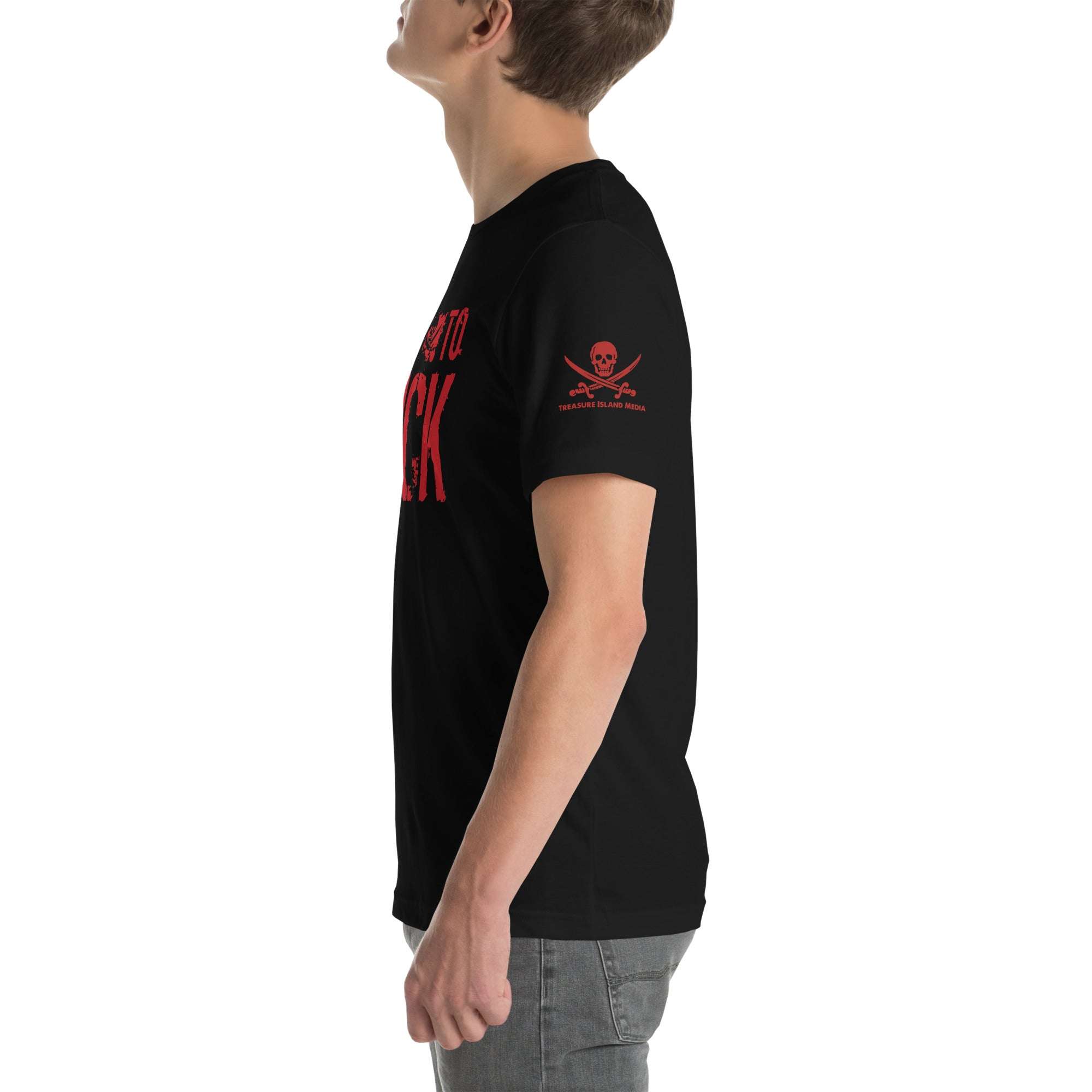 Black Built to Fck T-shirt with bold red text and skull design on sleeve, worn by male model in side view