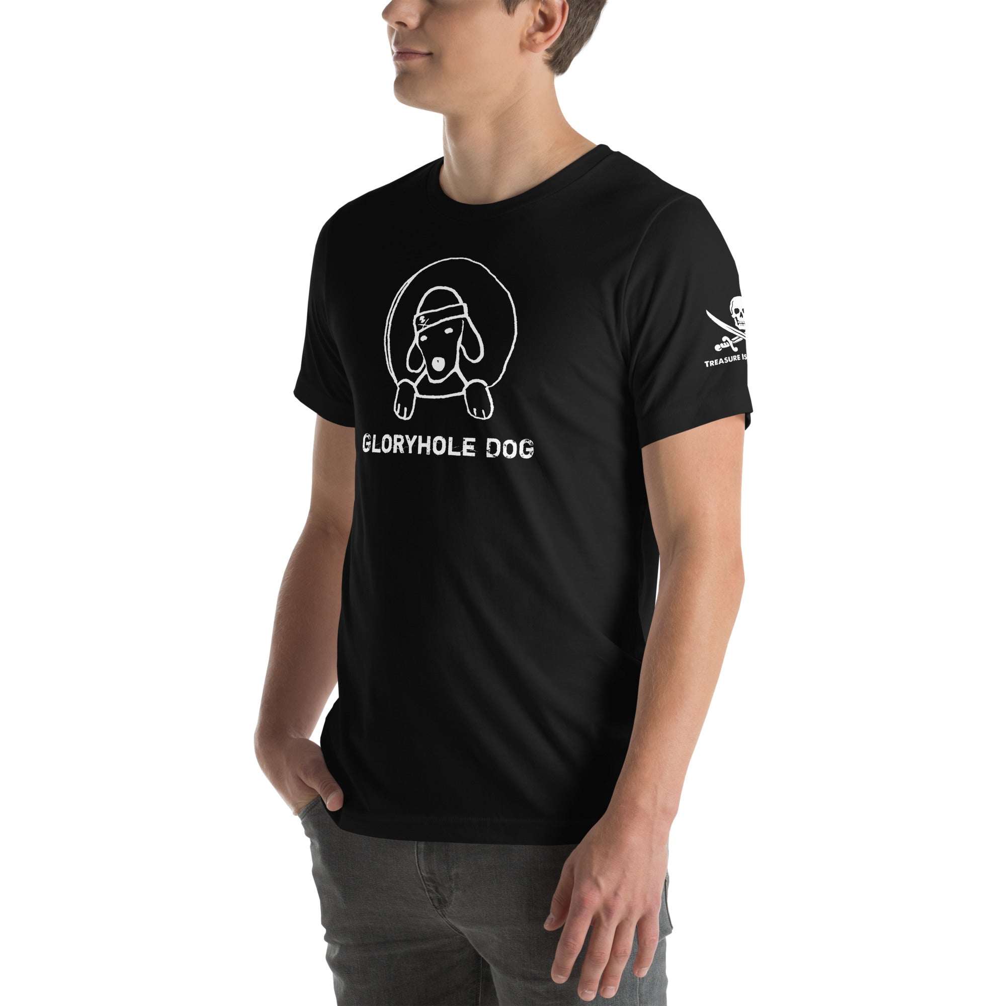 Black Gloryhole Dog T-shirt featuring a playful dog graphic and bold design.