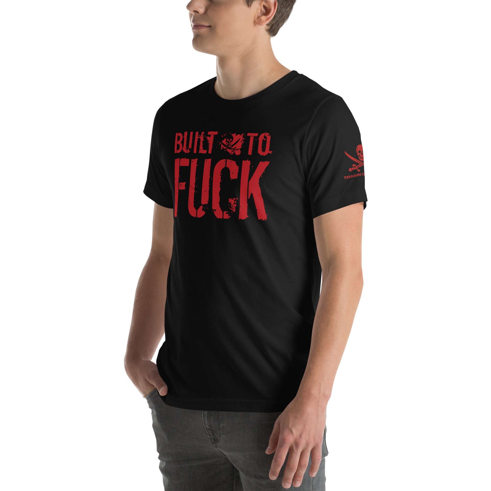 Black Built to Fck T-shirt with bold red text worn by a male model