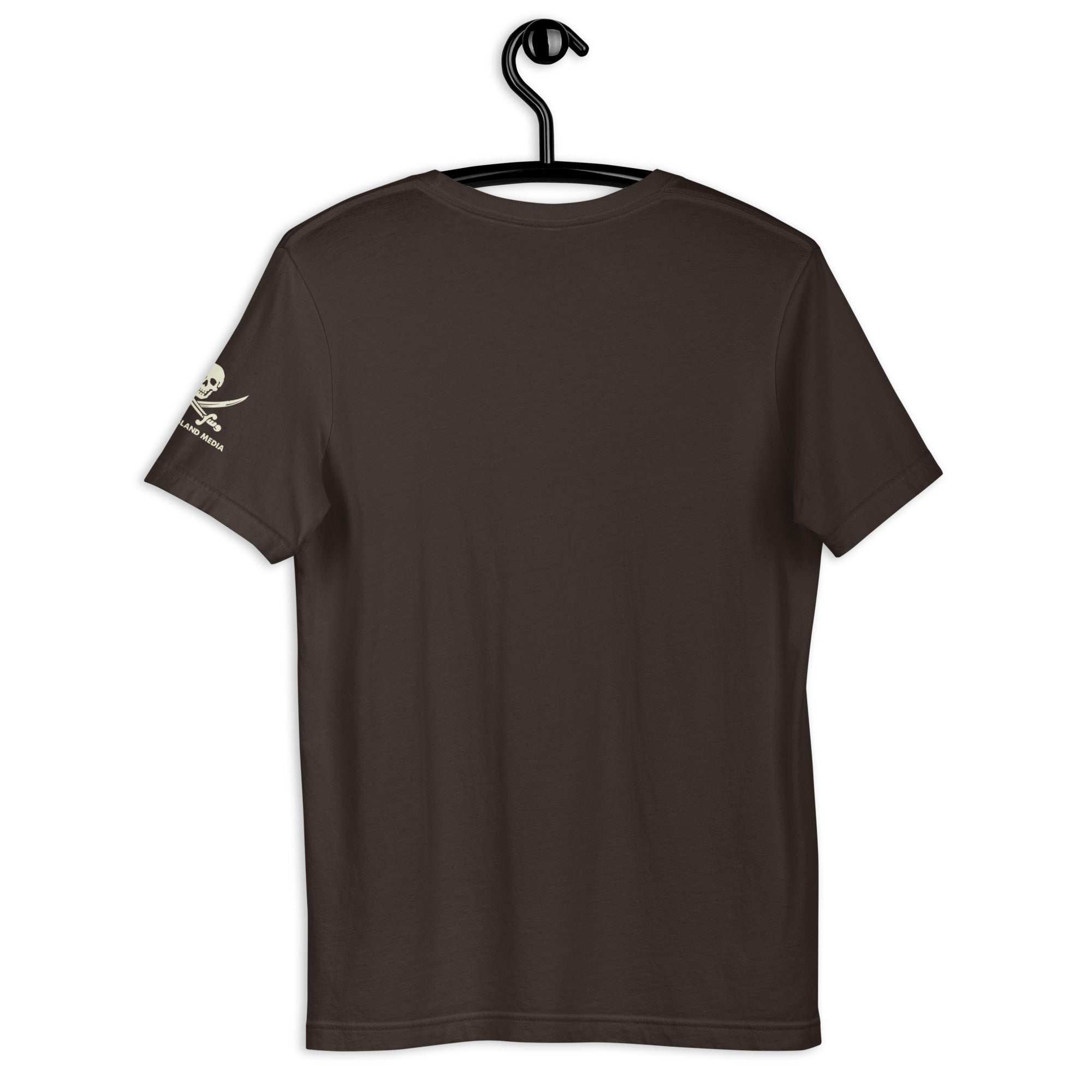 B-ONE-R T-Shirt in dark brown cotton with short sleeves, classic crew neck, and logo on sleeve, displayed on a hanger from the back.