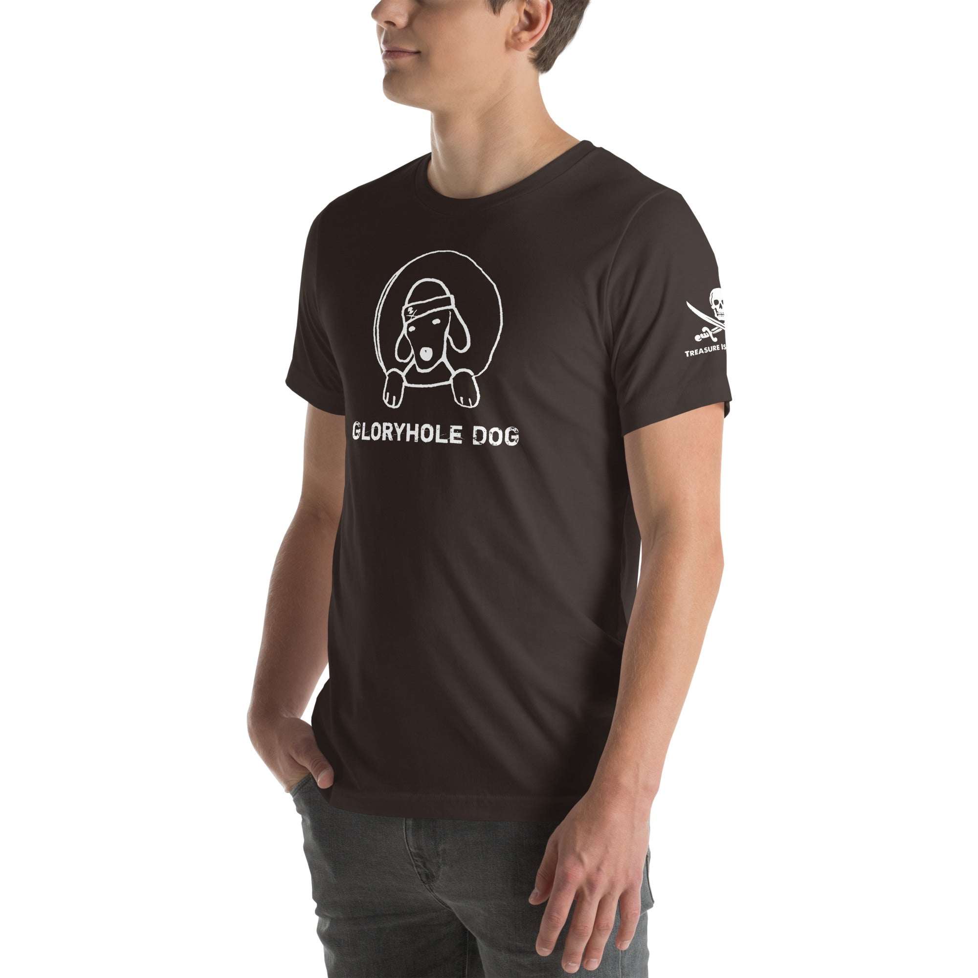 Gloryhole Dog T-shirt featuring playful dog graphic, black cotton crew neck.