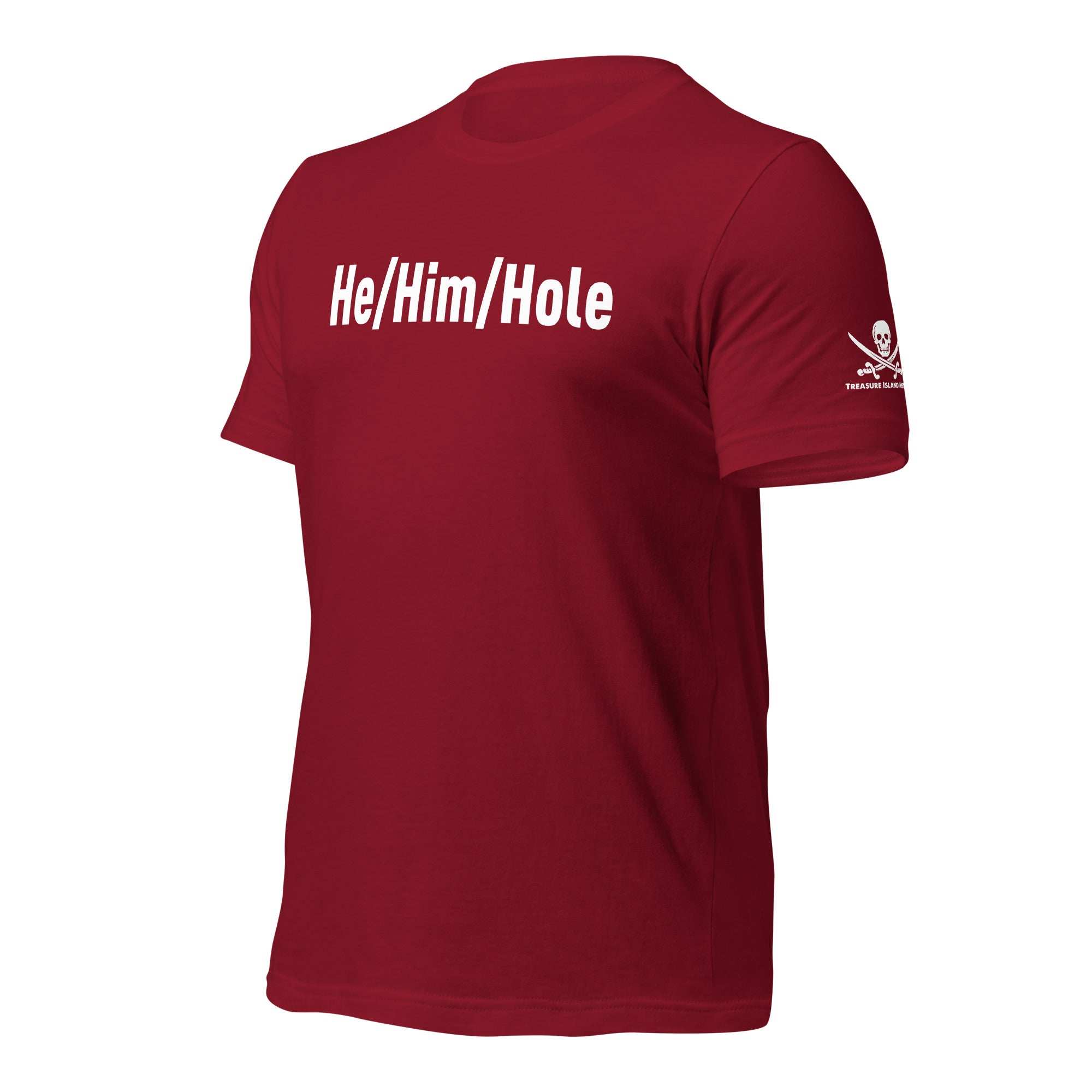 Maroon HeHimHole T-shirt with white text and a skull logo on the sleeve, made from soft cotton with a comfortable fit.