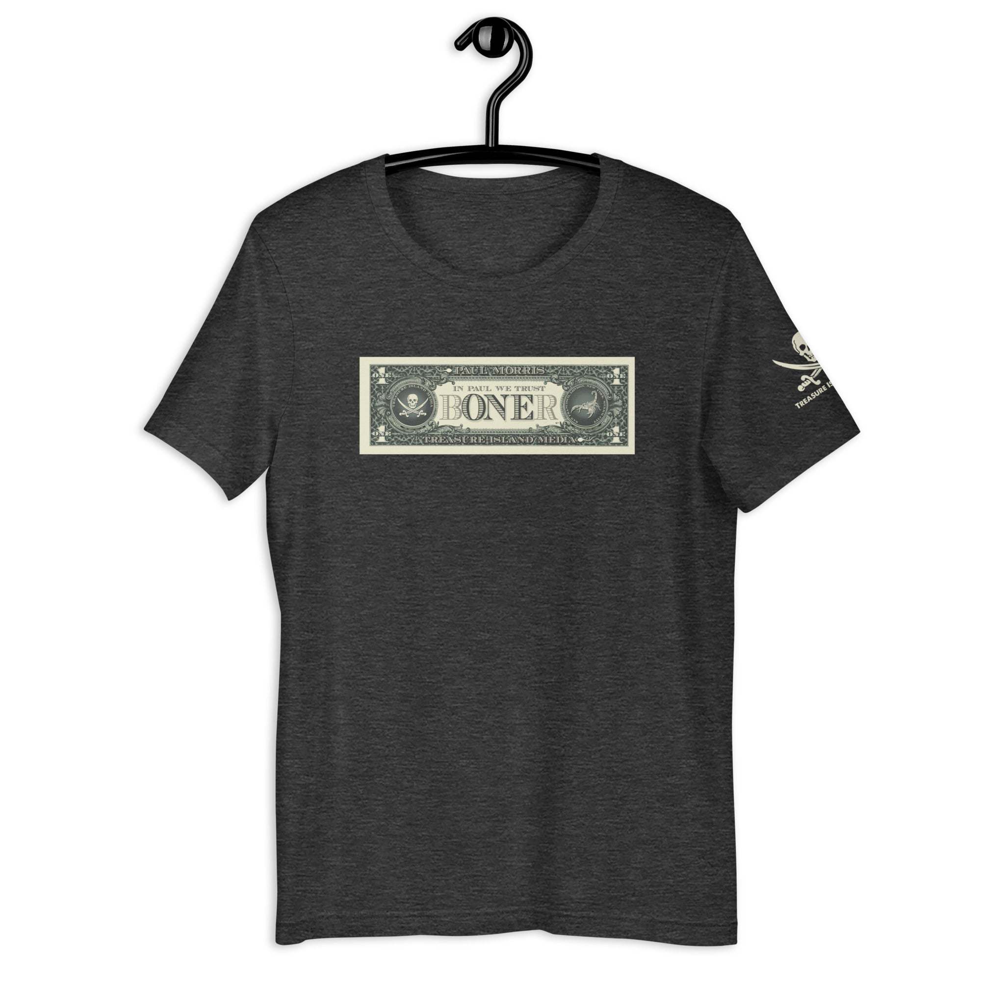 Dark gray B-ONE-R T-Shirt with a vintage-style dollar bill graphic on the front and a small skull and crossbones logo on the sleeve, hanging on a black hanger.