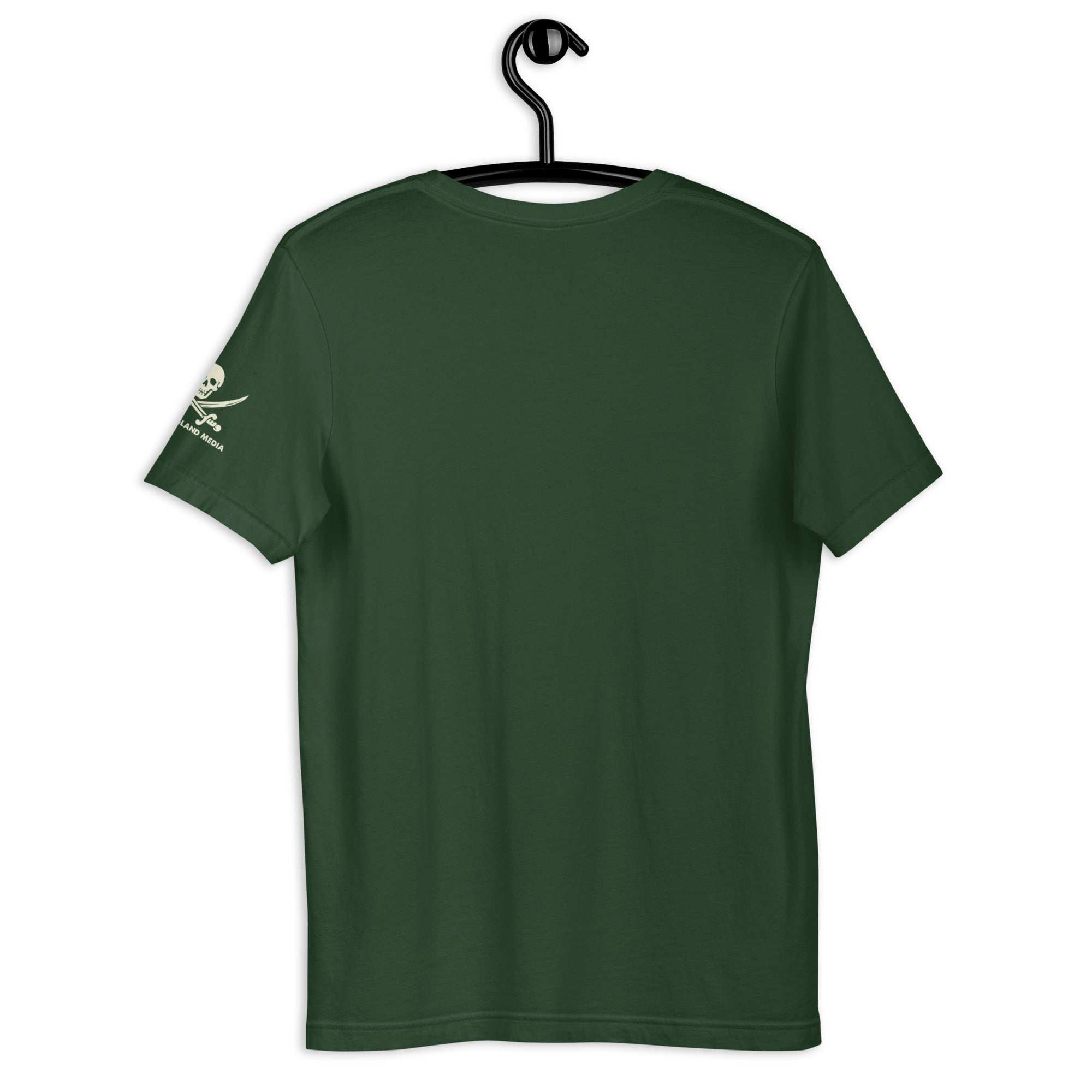 Back view of green B-ONE-R T-Shirt with crew neck and short sleeves on hanger