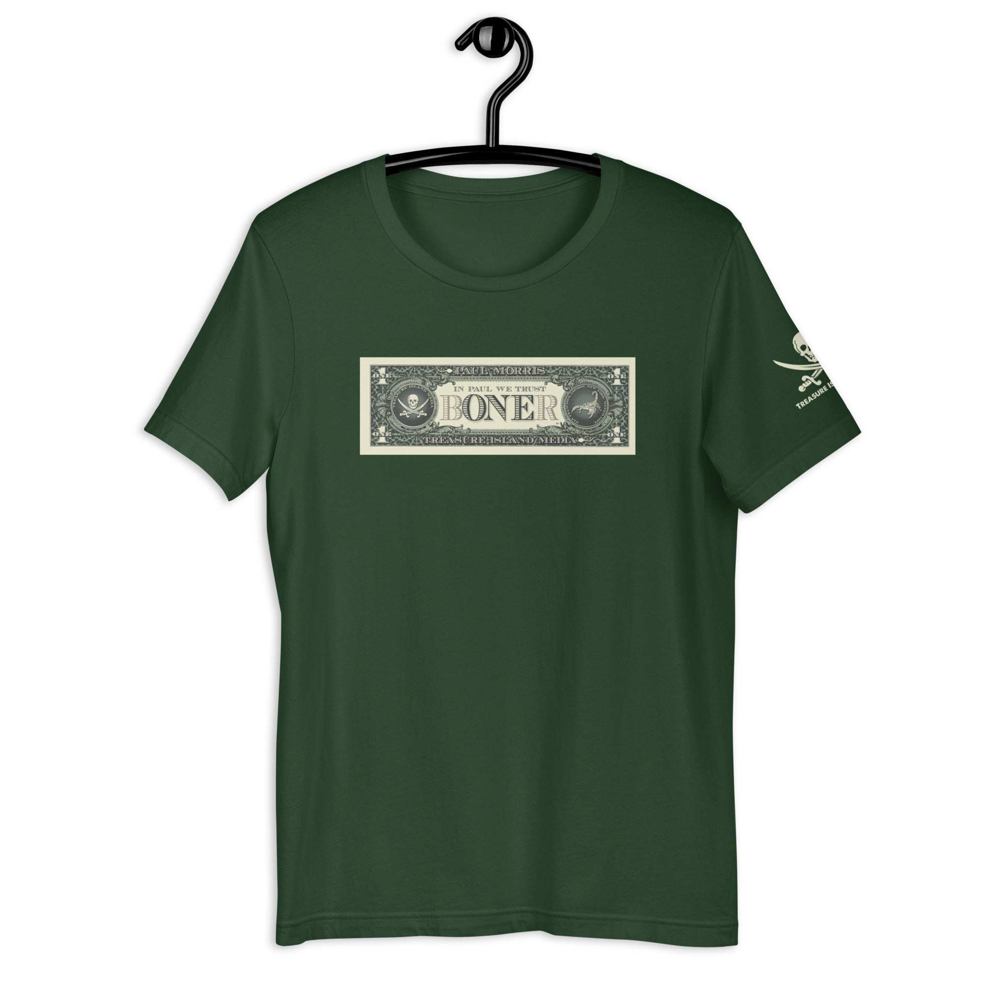 Green B-ONE-R T-Shirt with dollar bill logo on front and skull graphic on sleeve hanging on black hanger