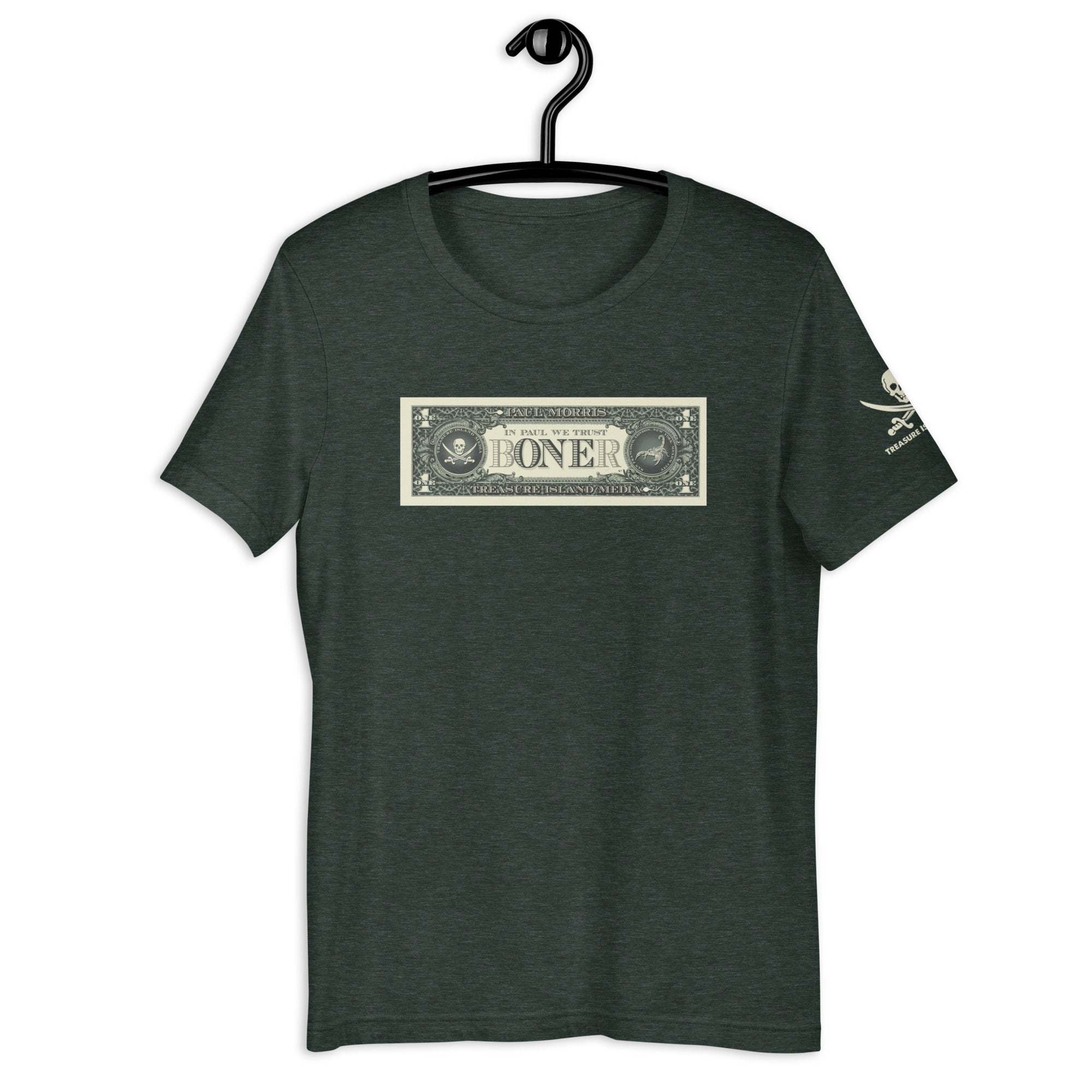 B-ONE-R T-Shirt in dark green cotton with logo resembling a dollar bill on front and skull emblem on sleeve