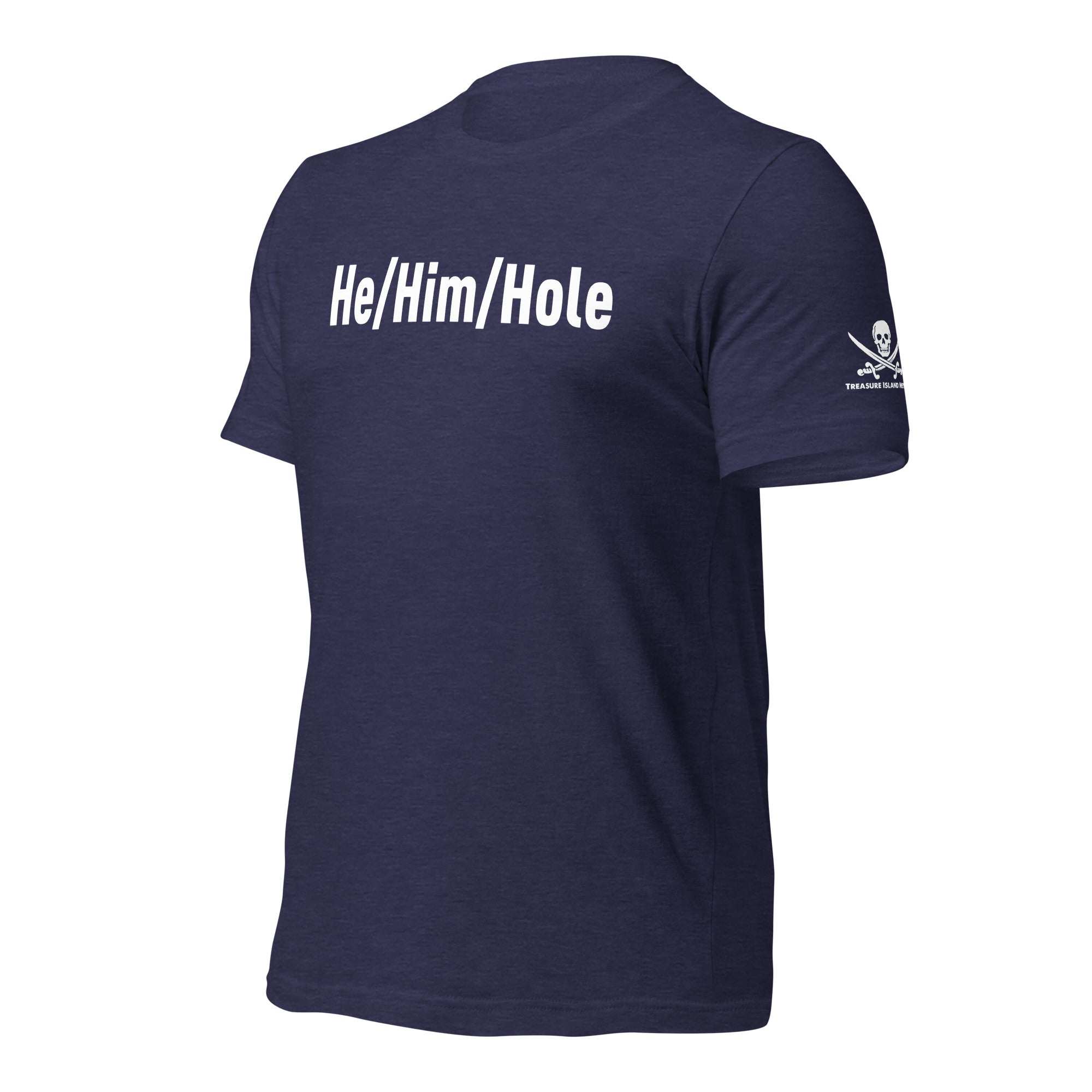 Navy blue HeHimHole T-shirt with white text on front and skull logo on sleeve, made of soft breathable cotton