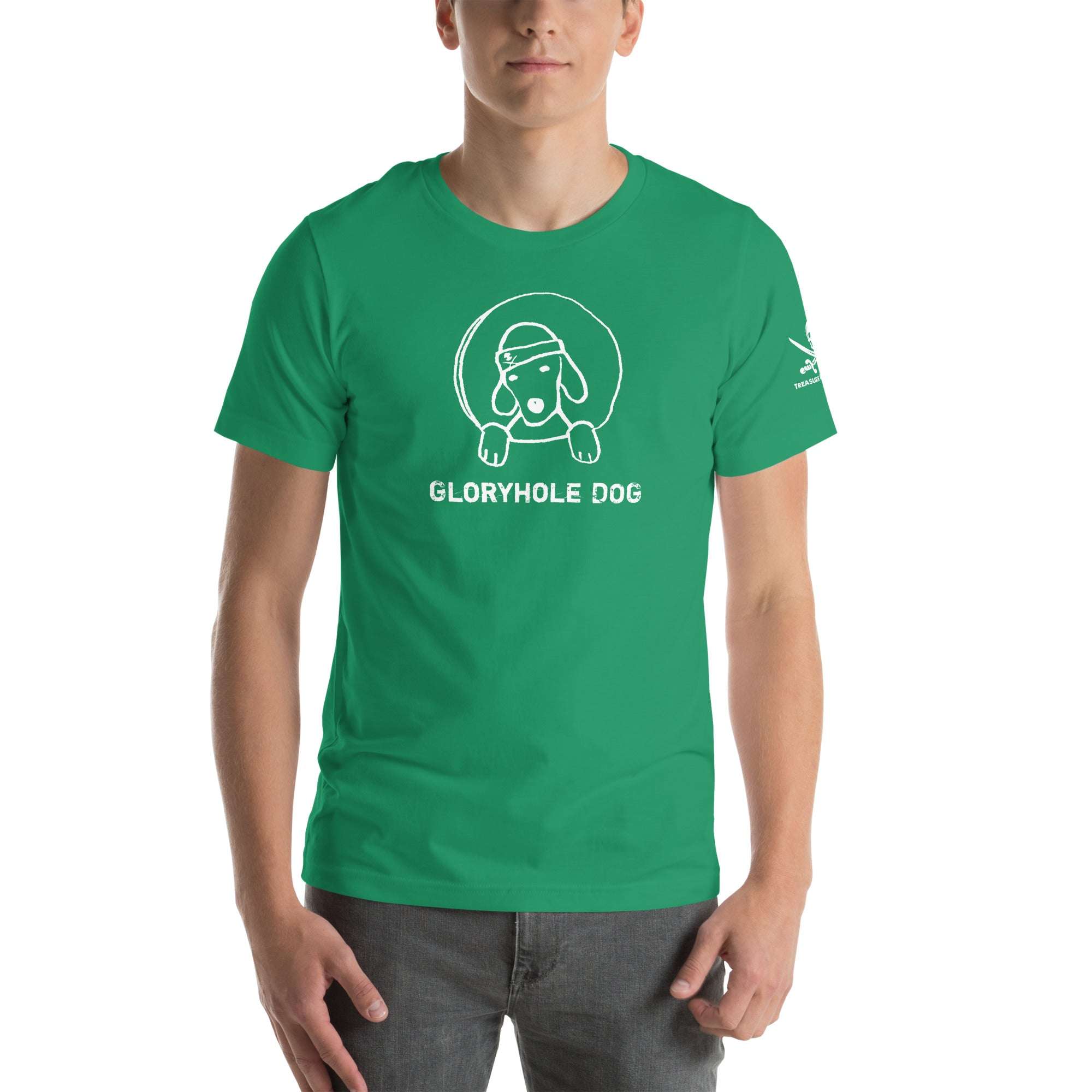 Green Gloryhole Dog T-shirt with playful dog graphic peeking through a hole.