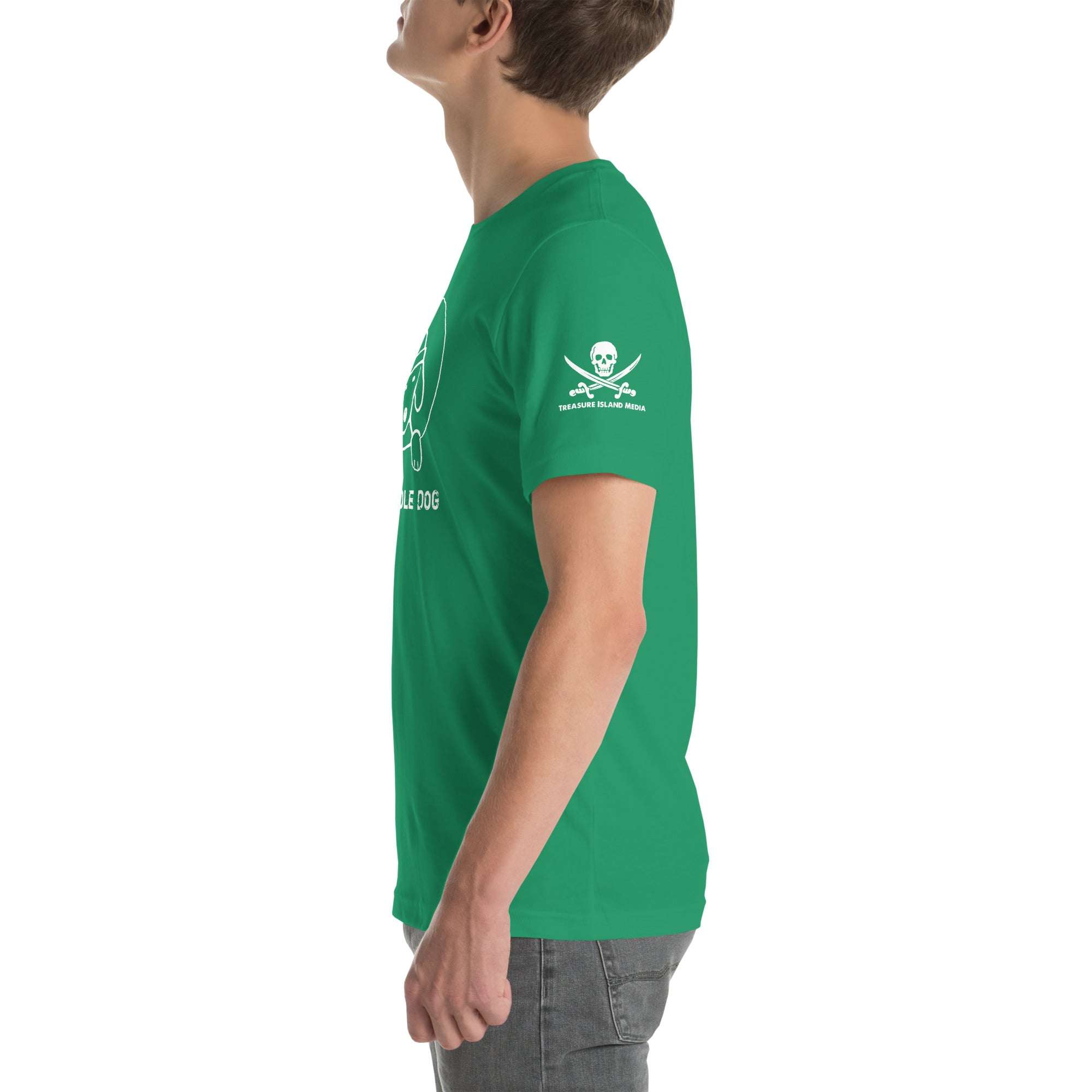 Green Gloryhole Dog T-shirt featuring playful dog graphic, classic crew neckline, and relaxed fit.