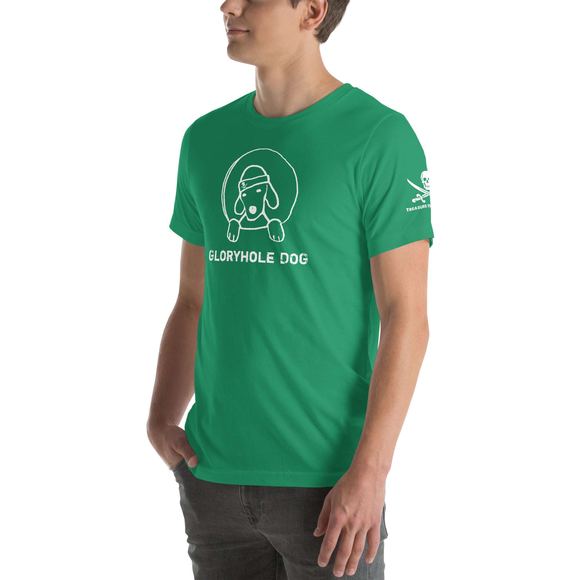 Green Gloryhole Dog T-shirt with playful dog graphic and classic crew neckline.