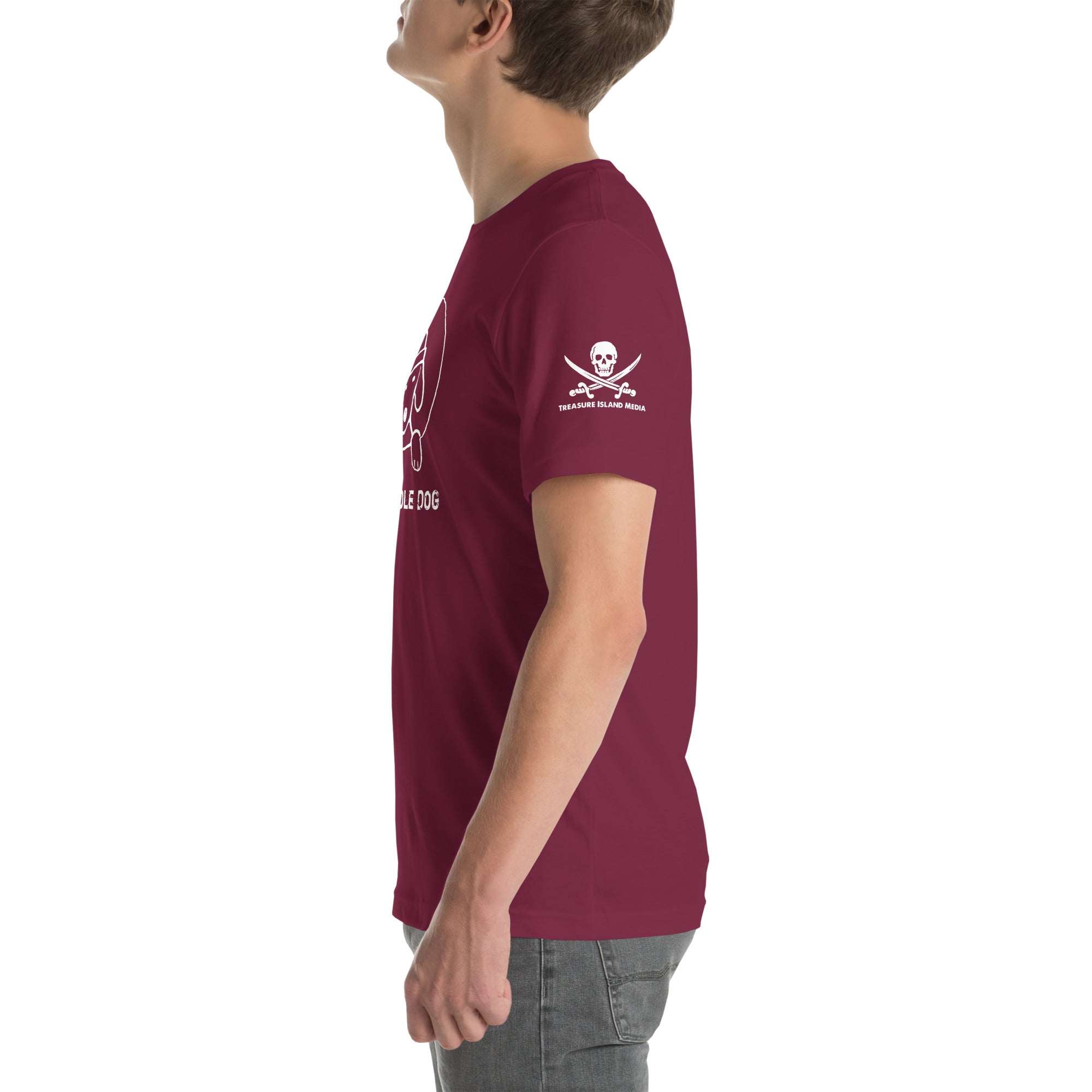 Gloryhole Dog T-shirt with playful dog graphic, maroon color.