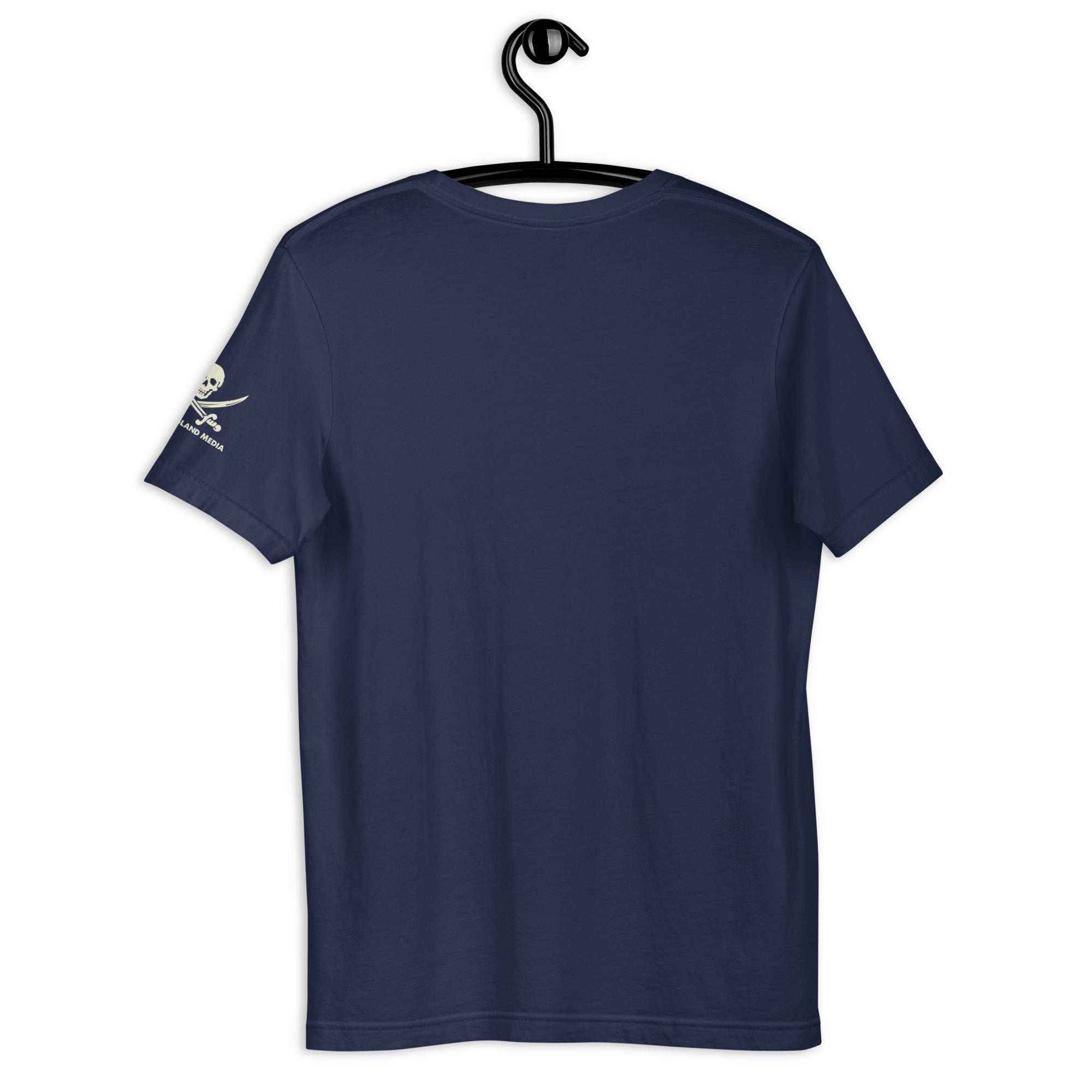 B-ONE-R T-Shirt navy blue cotton short sleeve crew neck back view on hanger