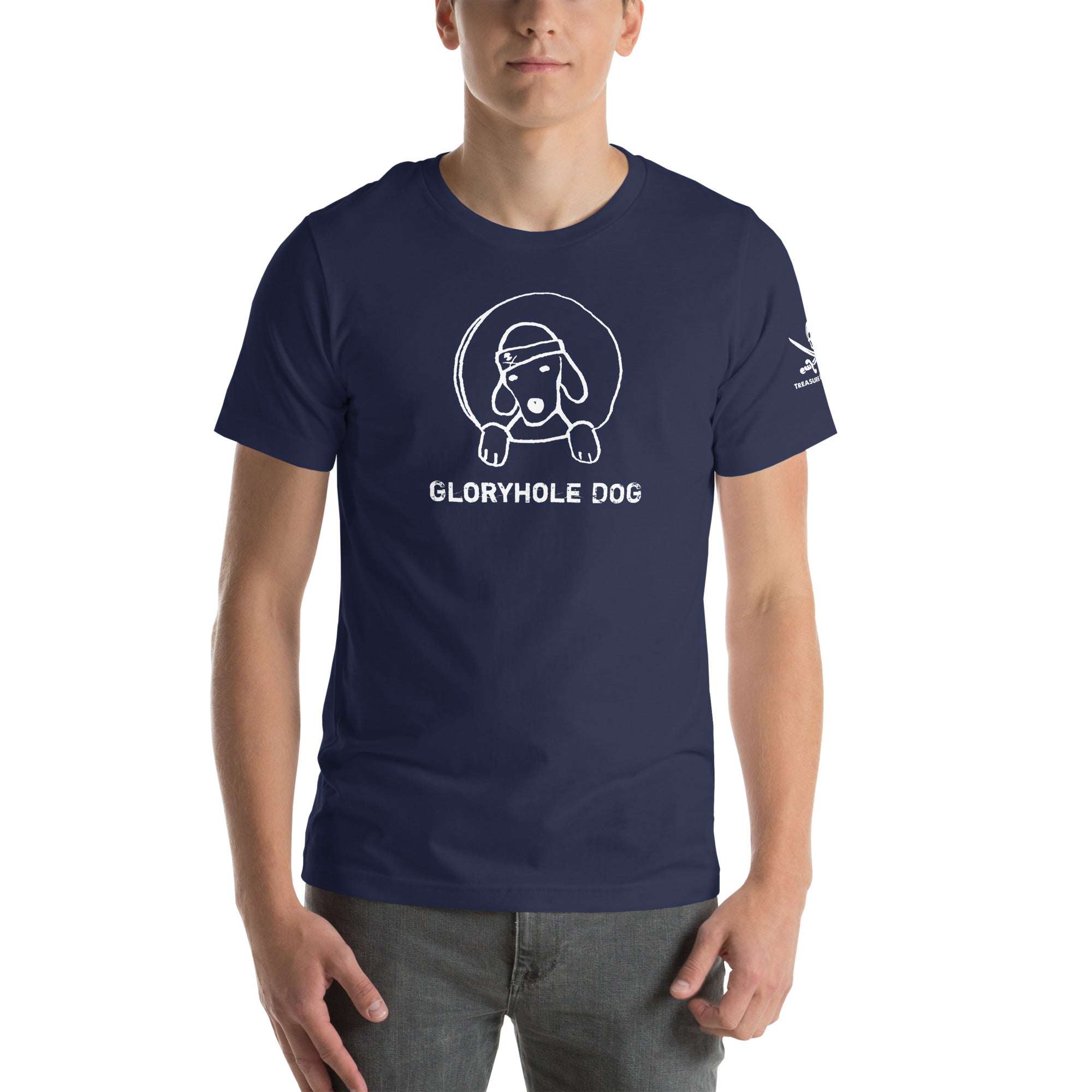 Men's navy t-shirt with playful dog graphic and 'Gloryhole Dog' text.