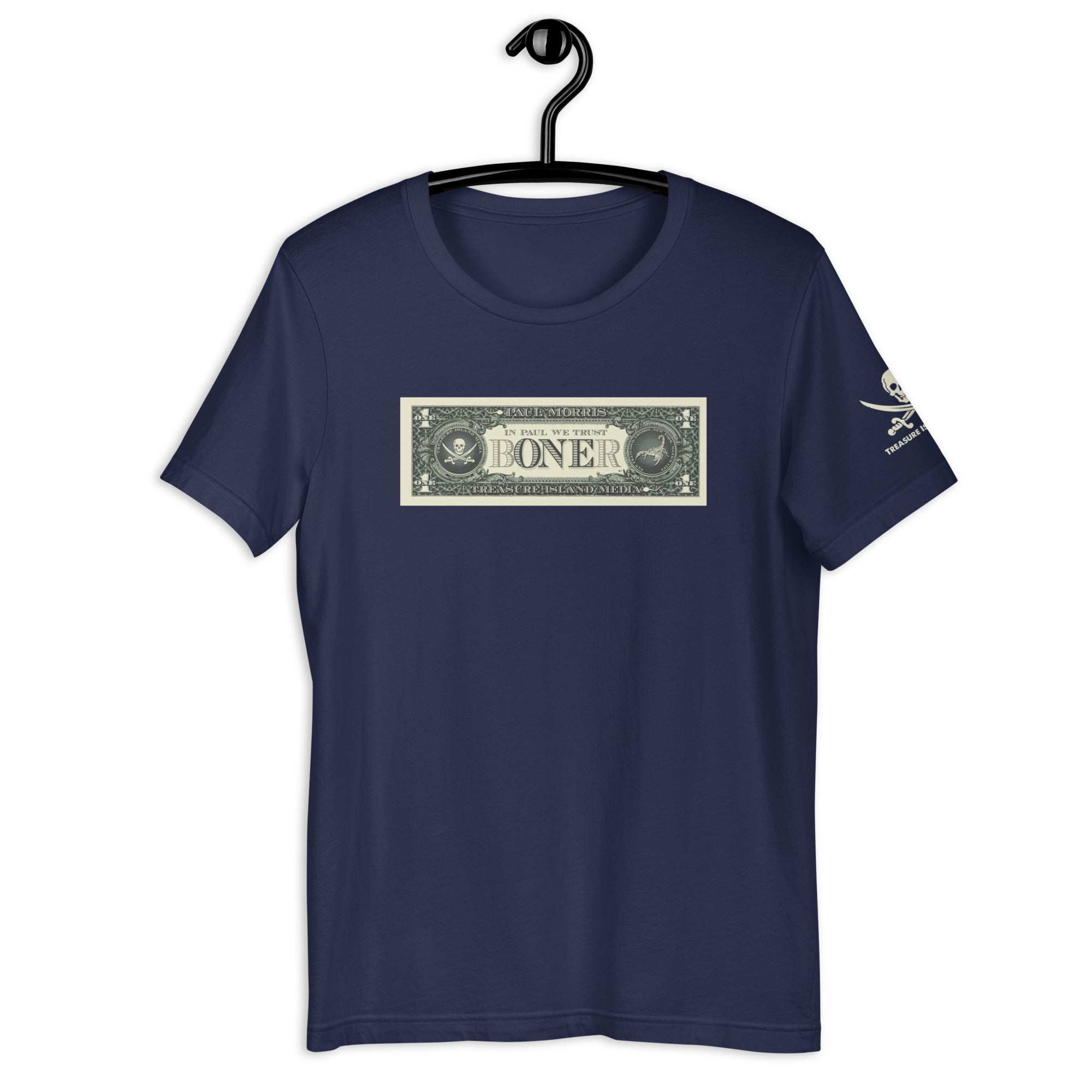 Navy B-ONE-R T-Shirt with dollar bill graphic on front and skull logo on sleeve, short sleeve crew neck cotton tee