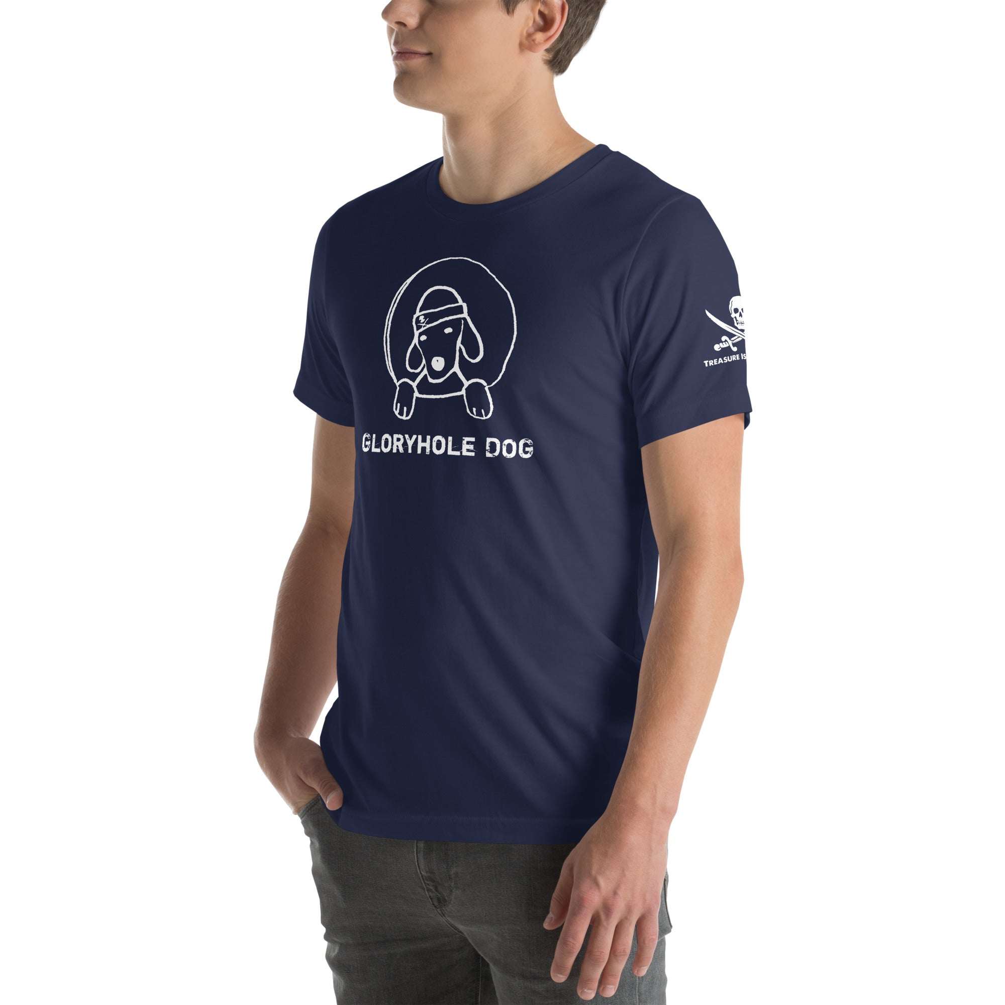 Blue Gloryhole Dog T-shirt with playful dog graphic and crew neckline.